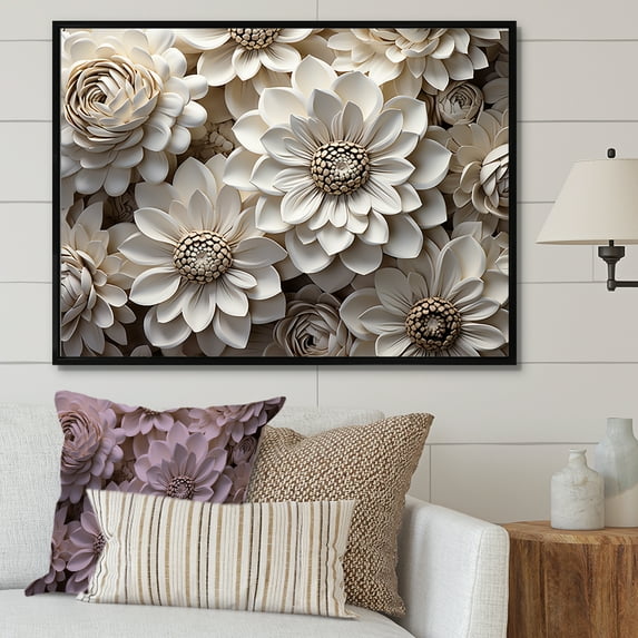 Designart "Ethereal White Zinnias" Zinnias Floater Framed Canvas Art Print