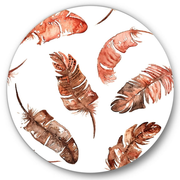 Designart 'Ethinic Orange Feathers On White' Bohemian & Eclectic Circle Metal Wall Art 36x36 - Disc of 36
