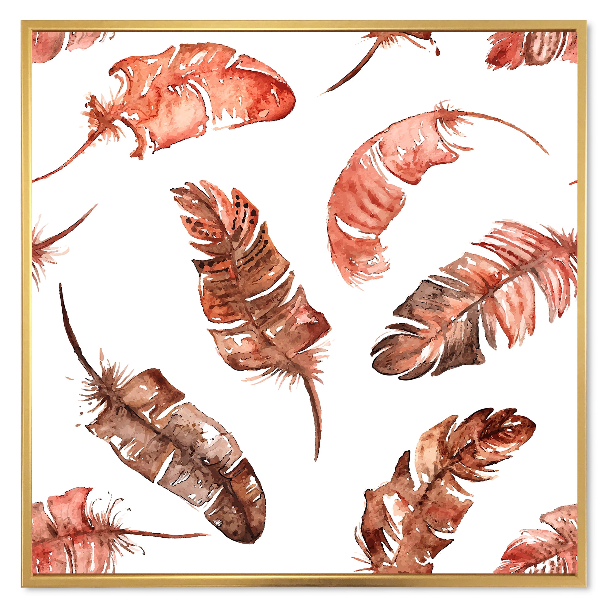 Designart 'Ethinic Orange Feathers On White' Bohemian & Eclectic Framed Canvas Wall Art Print