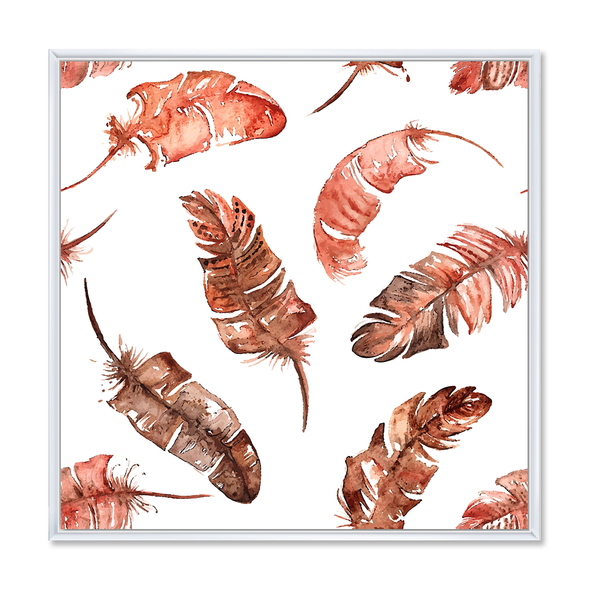 Designart 'Ethinic Orange Feathers On White' Bohemian & Eclectic Framed Canvas Wall Art Print