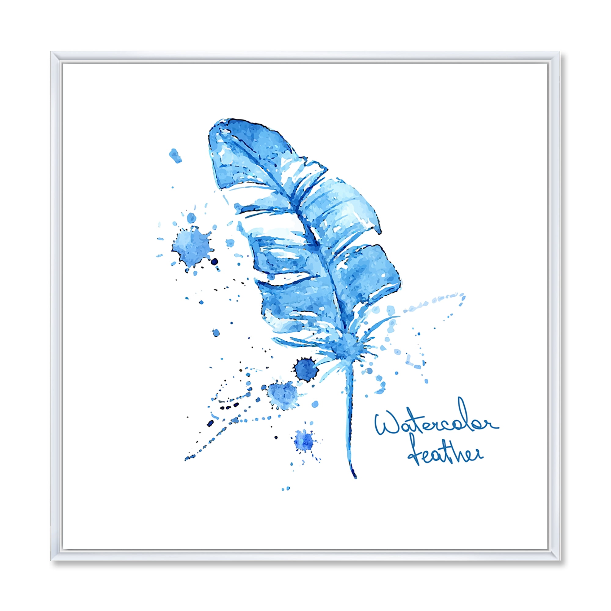 Designart 'Ethnic Blue Feather On White' Bohemian & Eclectic Framed Canvas Wall Art Print
