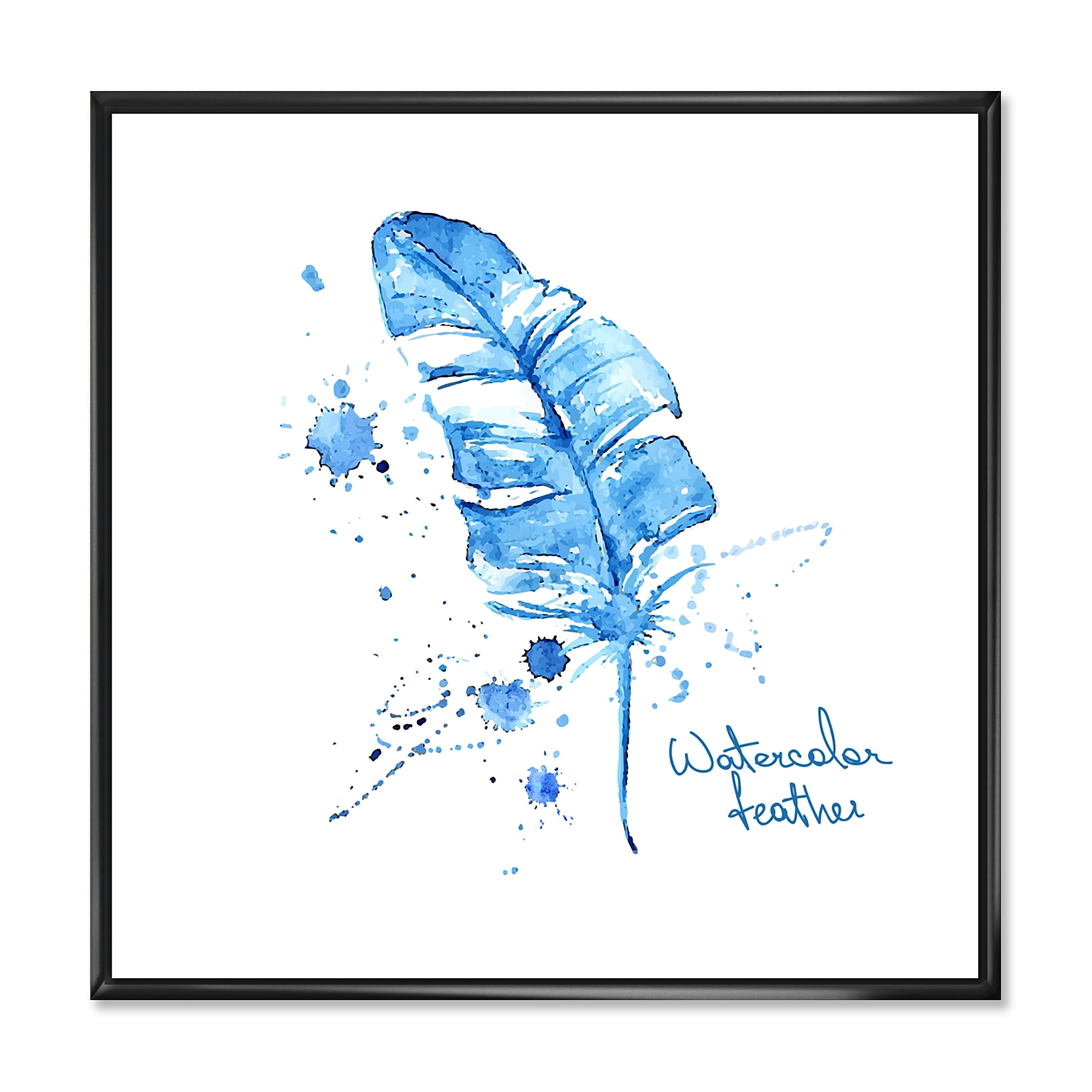 Designart 'Ethnic Blue Feather On White' Bohemian & Eclectic Framed Canvas Wall Art Print