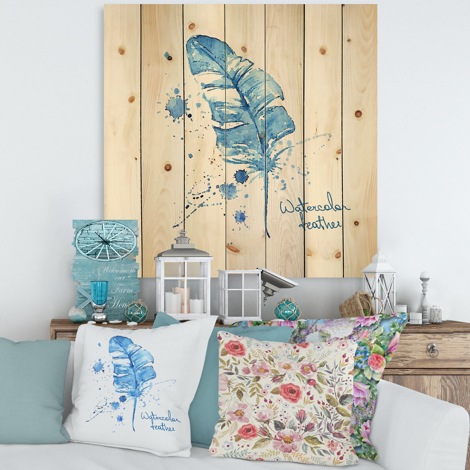 Designart 'Ethnic Blue Feather On White' Bohemian & Eclectic Print on Natural Pine Wood