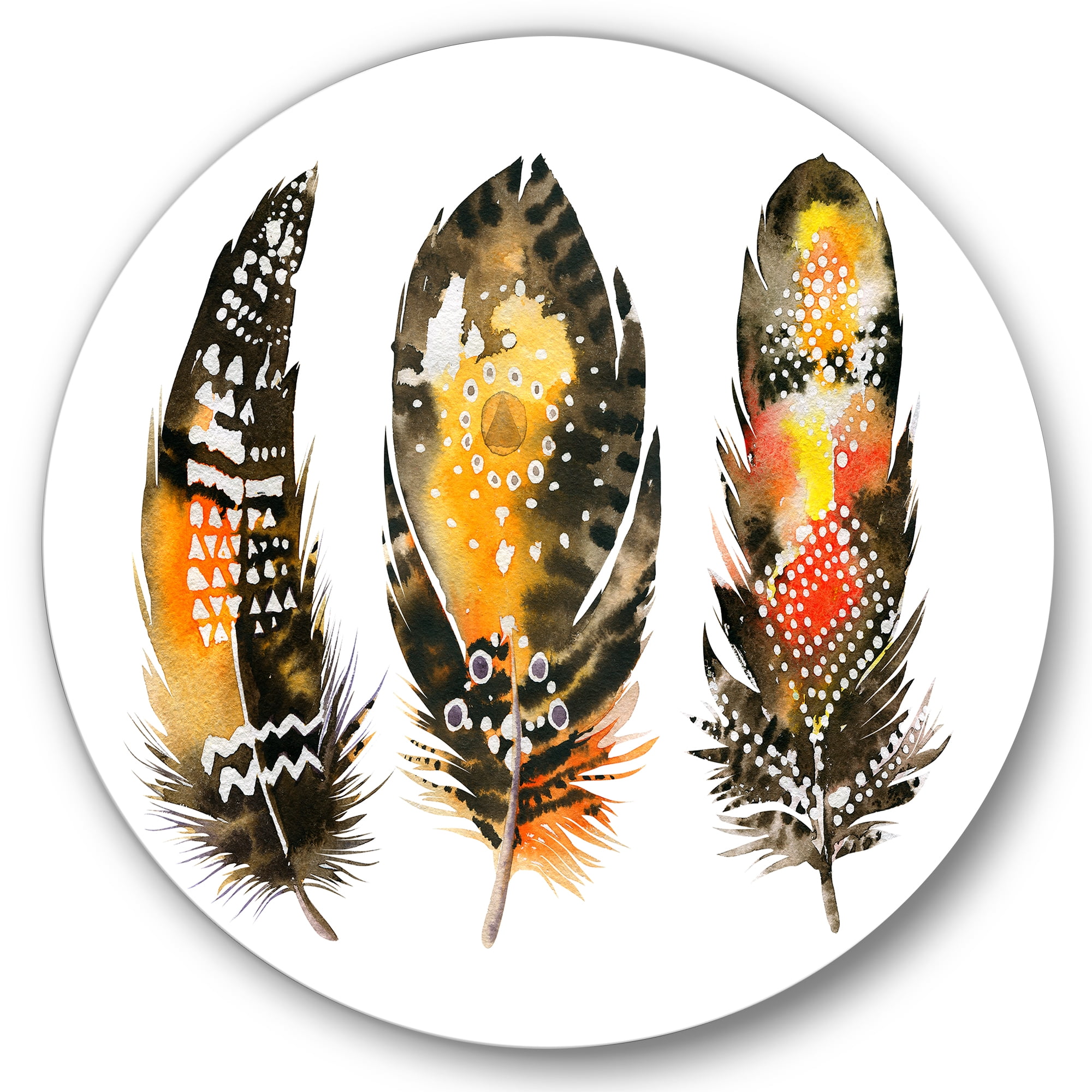 Designart 'Ethnic Boho Art Orange Feathers' Bohemian & Eclectic Circle Metal Wall Art 36x36 - Disc of 36
