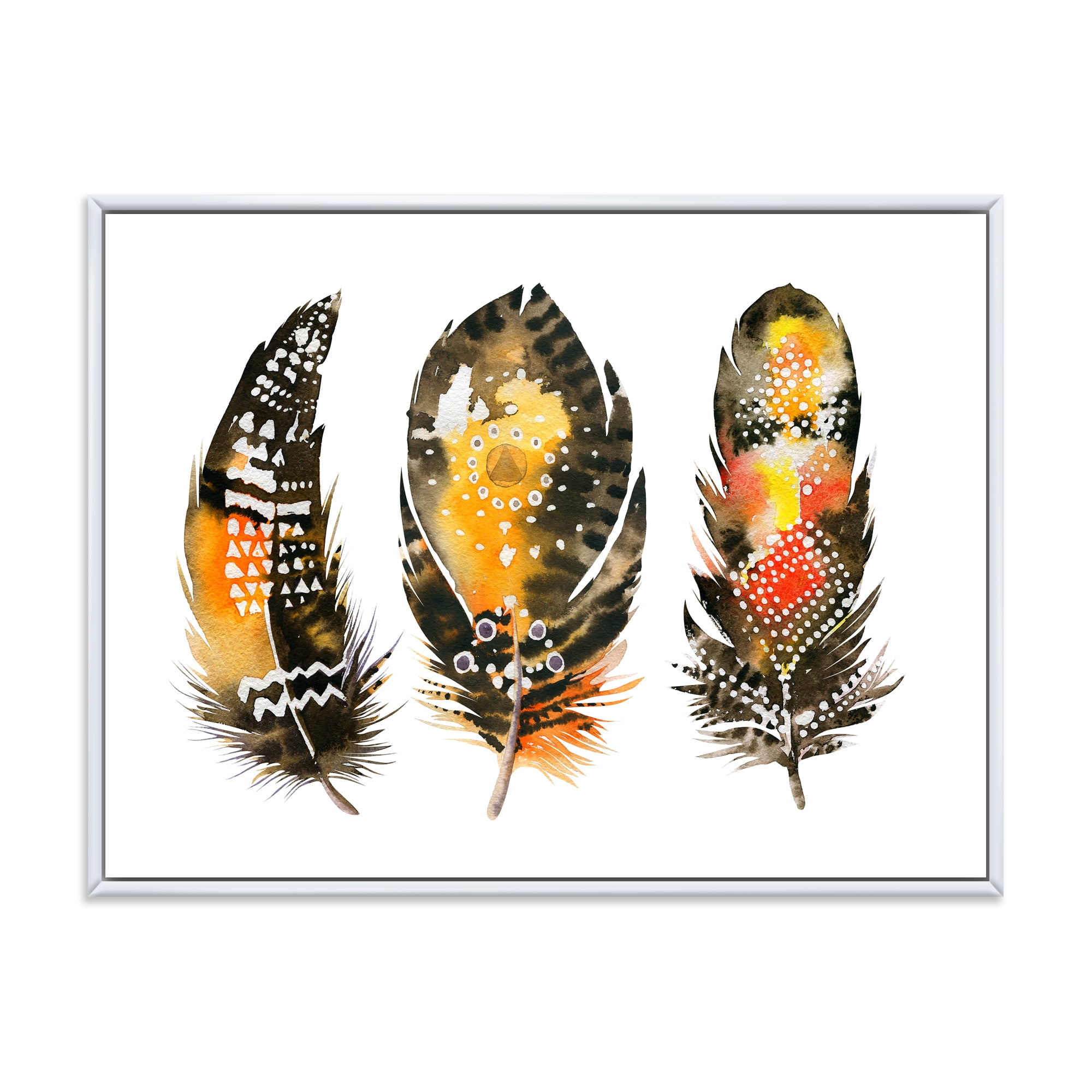 Designart 'Ethnic Boho Art Orange Feathers' Bohemian & Eclectic Framed Canvas Wall Art Print