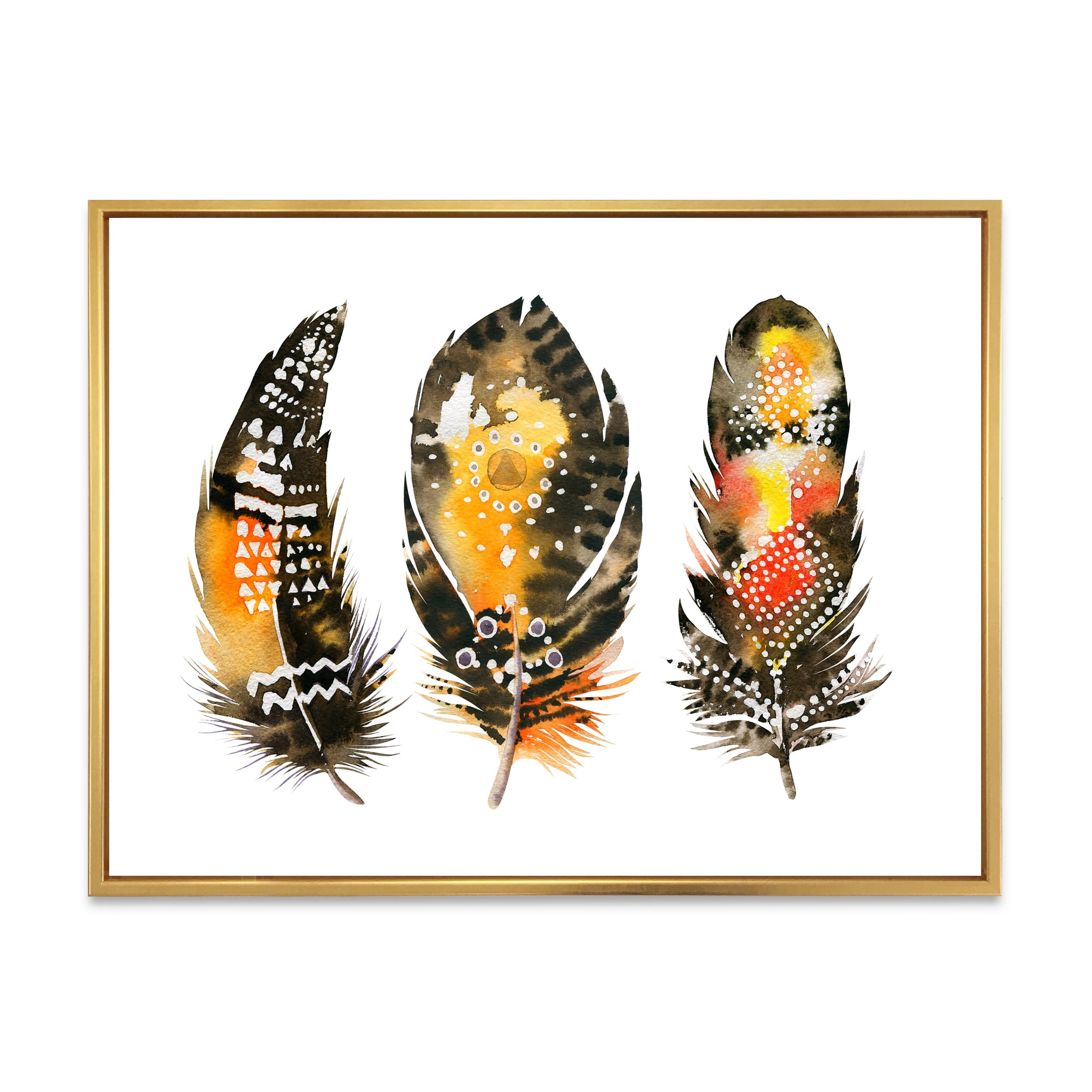 Designart 'Ethnic Boho Art Orange Feathers' Bohemian & Eclectic Framed Canvas Wall Art Print