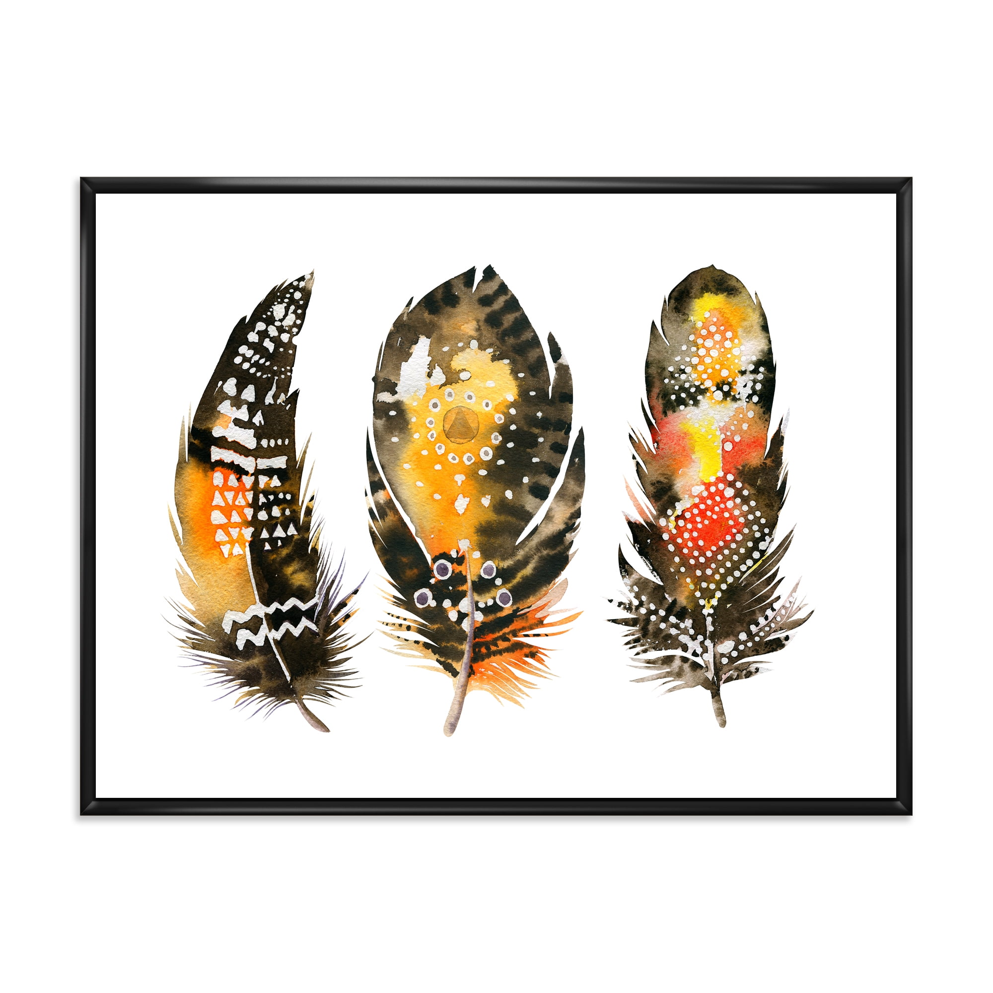 Designart 'Ethnic Boho Art Orange Feathers' Bohemian & Eclectic Framed Canvas Wall Art Print