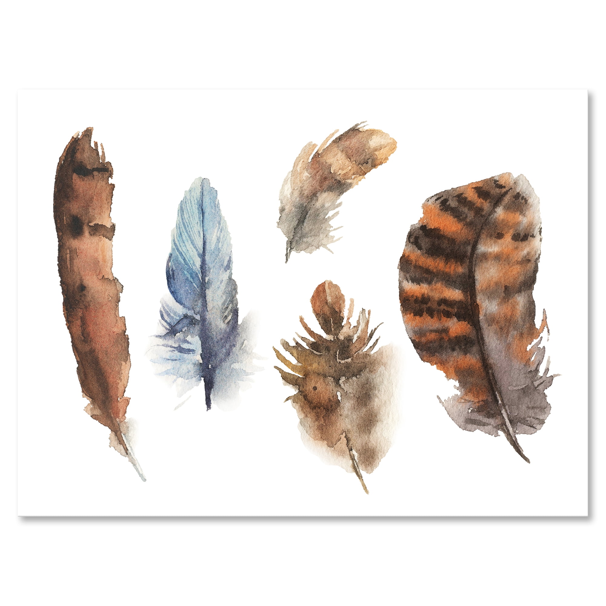Designart ' Ethnic Boho Feathers In Earth Tones On White ' Bohemian & Eclectic Canvas Wall Art Print