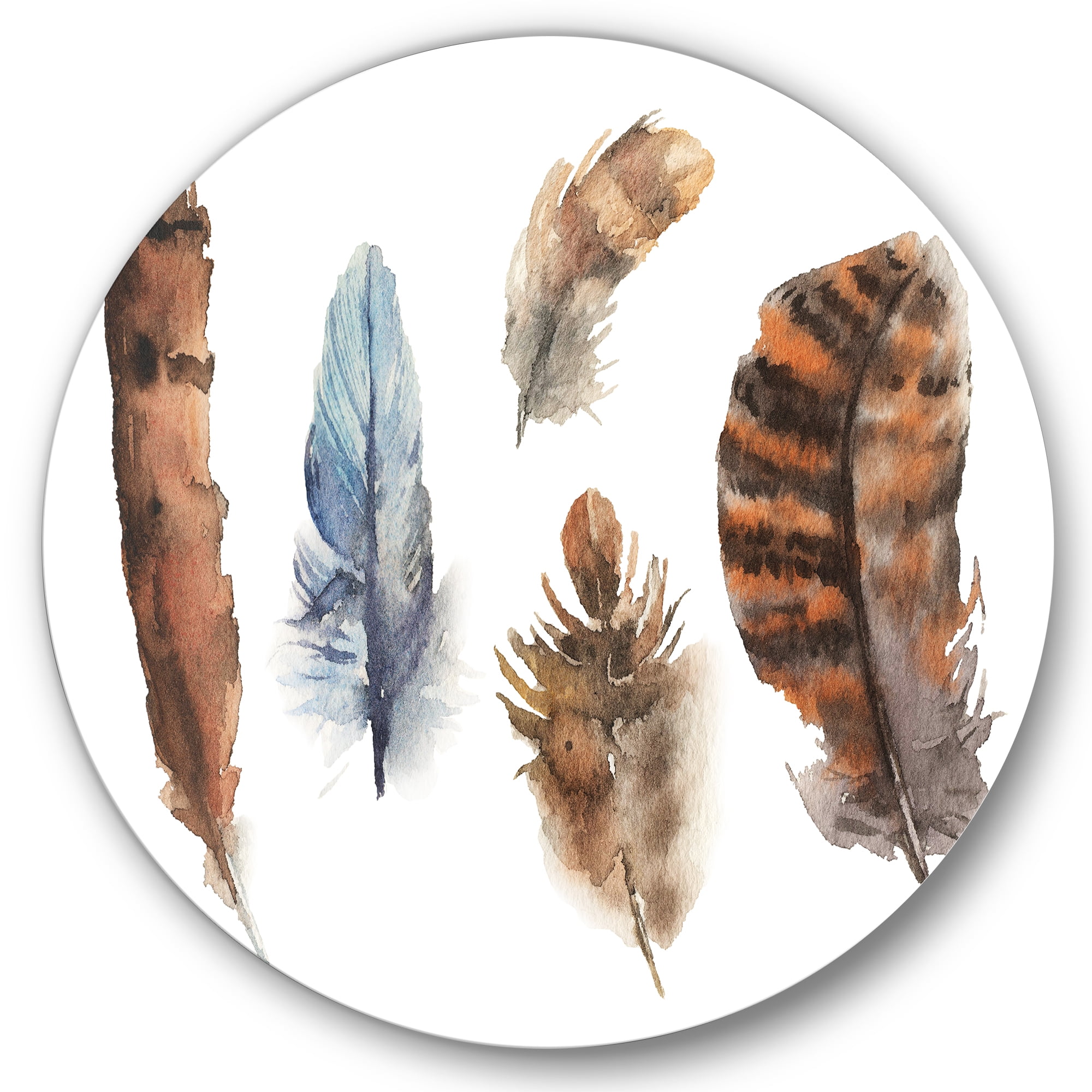 Designart 'Ethnic Boho Feathers In Earth Tones On White' Bohemian & Eclectic Circle Metal Wall Art 36x36 - Disc of 36