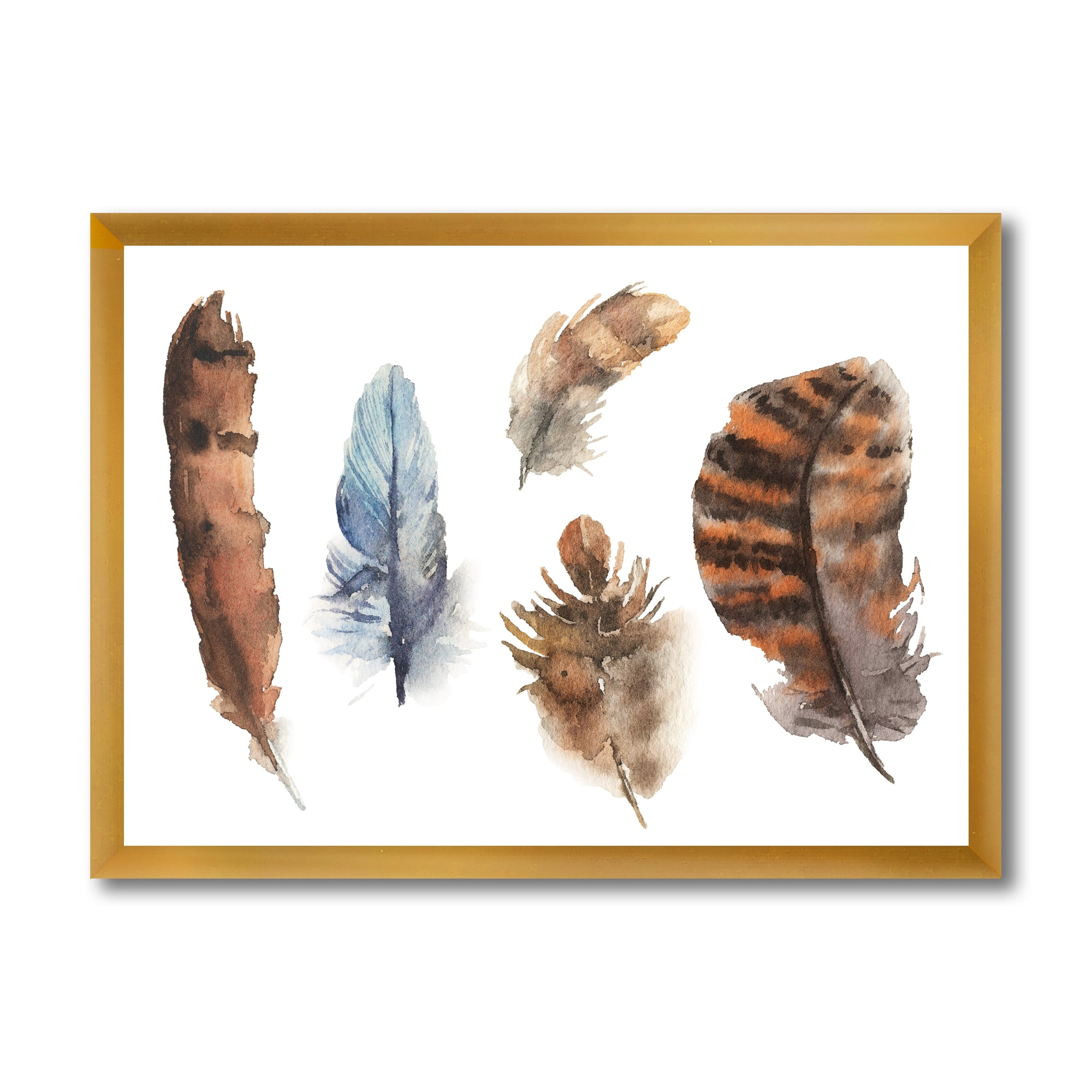 Designart 'Ethnic Boho Feathers In Earth Tones On White' Bohemian & Eclectic Framed Art Print