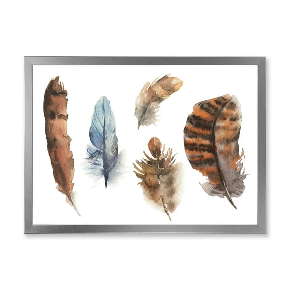 Designart 'Ethnic Boho Feathers In Earth Tones On White' Bohemian & Eclectic Framed Art Print