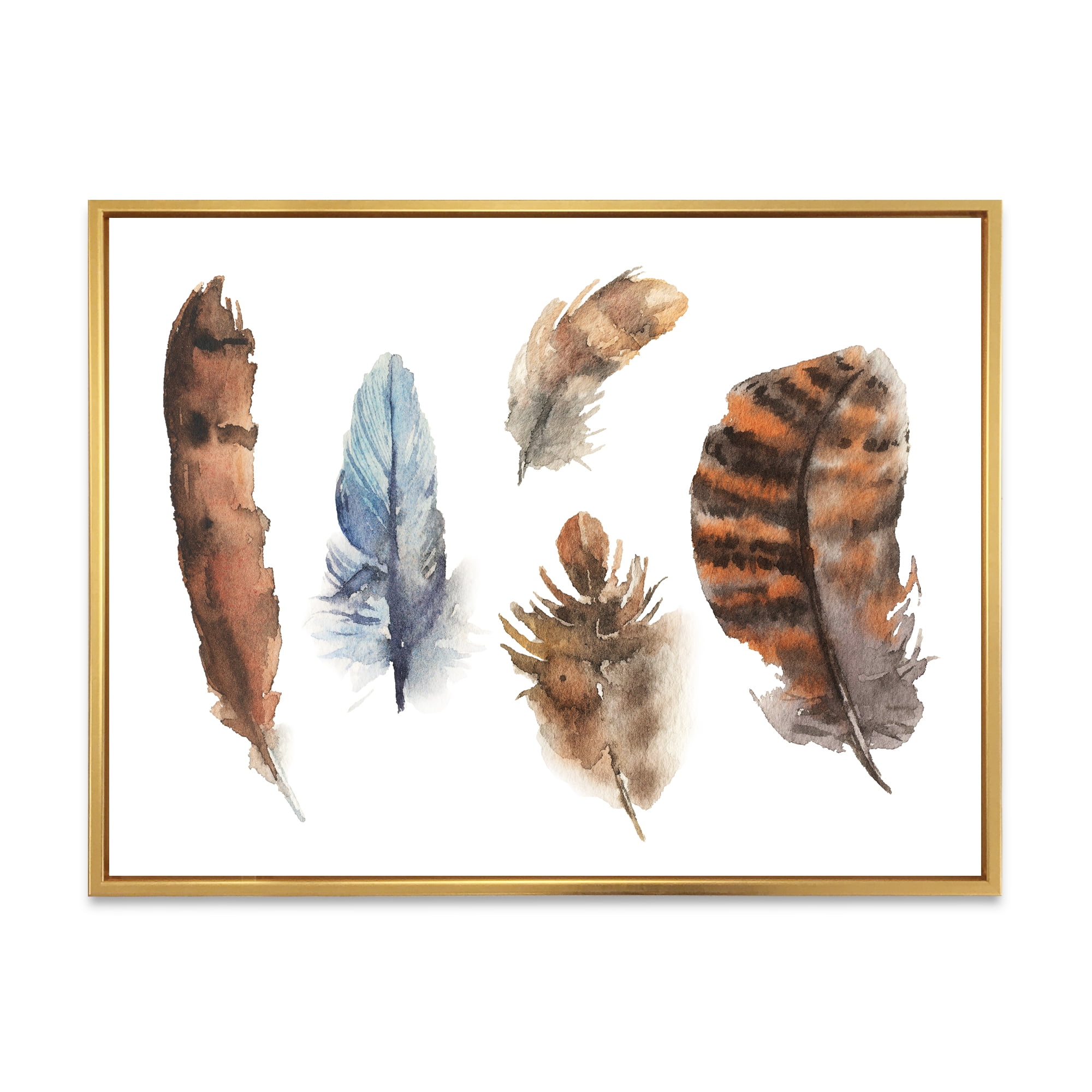 Designart 'Ethnic Boho Feathers In Earth Tones On White' Bohemian & Eclectic Framed Canvas Wall Art Print
