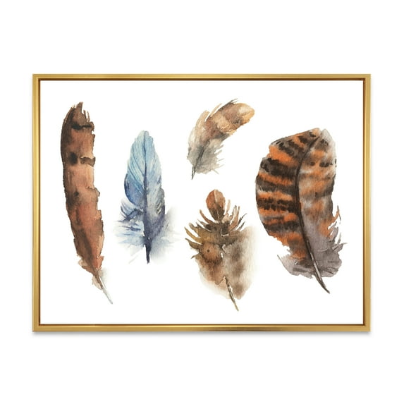 Designart 'Ethnic Boho Feathers In Earth Tones On White' Bohemian & Eclectic Framed Canvas Wall Art Print