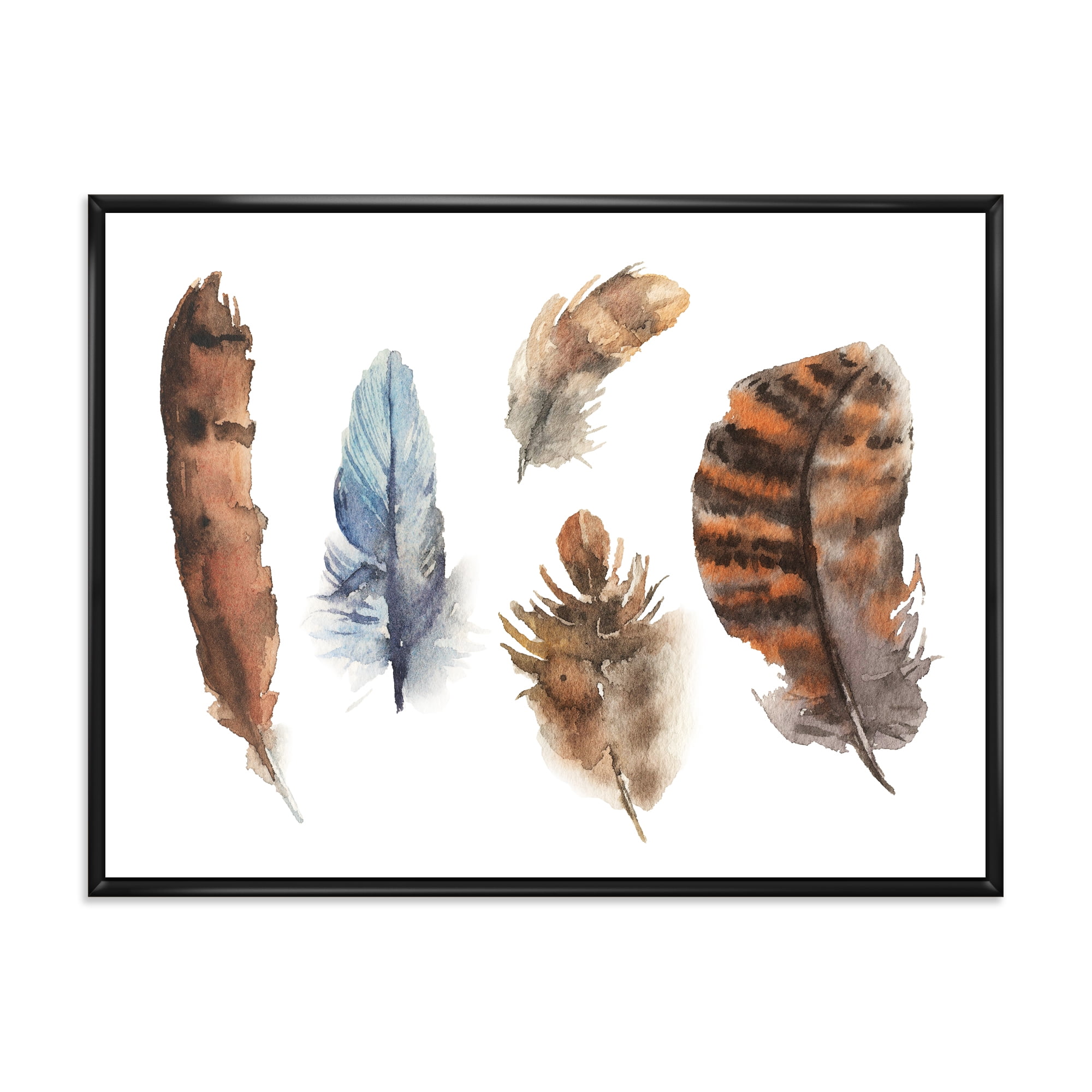 Designart 'Ethnic Boho Feathers In Earth Tones On White' Bohemian & Eclectic Framed Canvas Wall Art Print