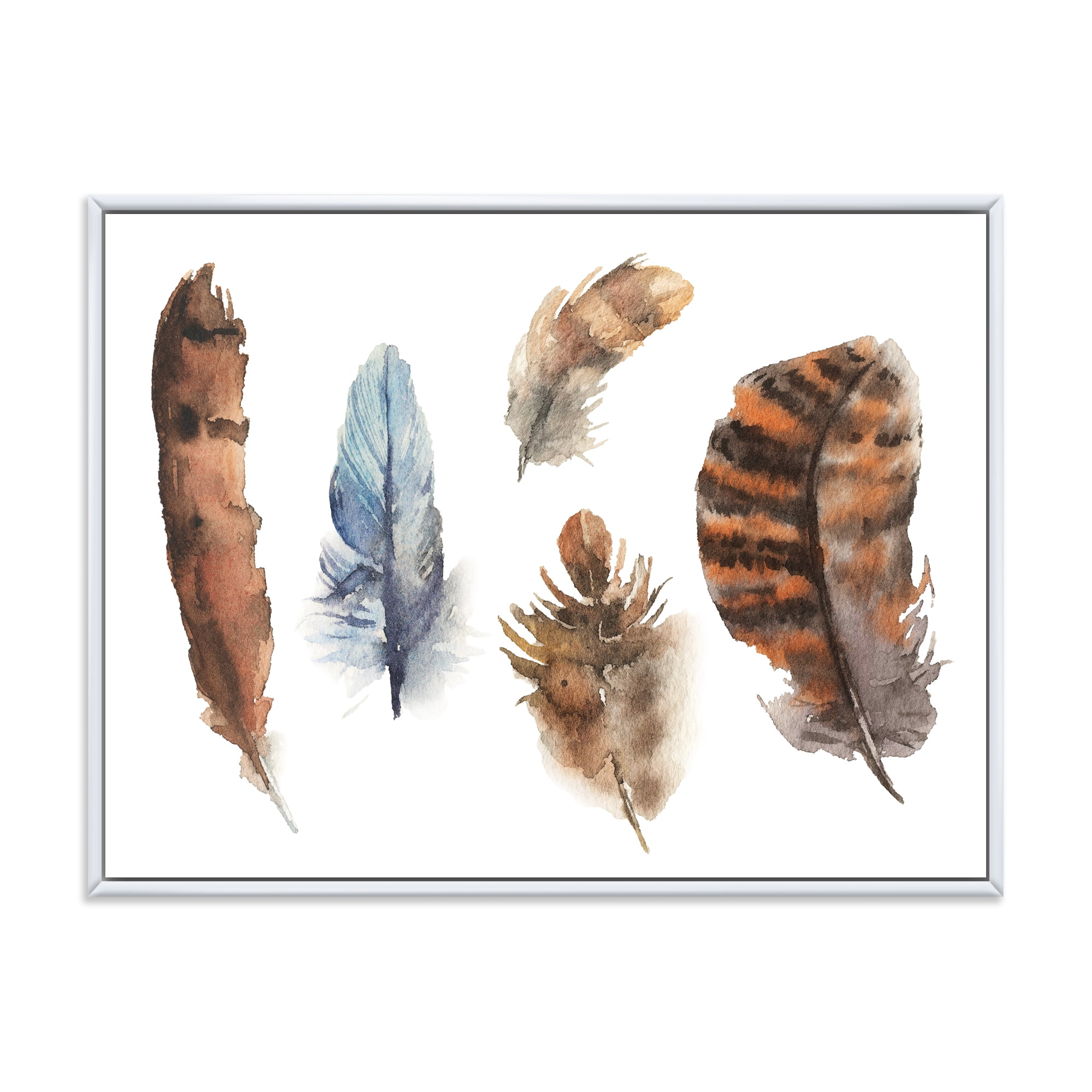 Designart 'Ethnic Boho Feathers In Earth Tones On White' Bohemian & Eclectic Framed Canvas Wall Art Print
