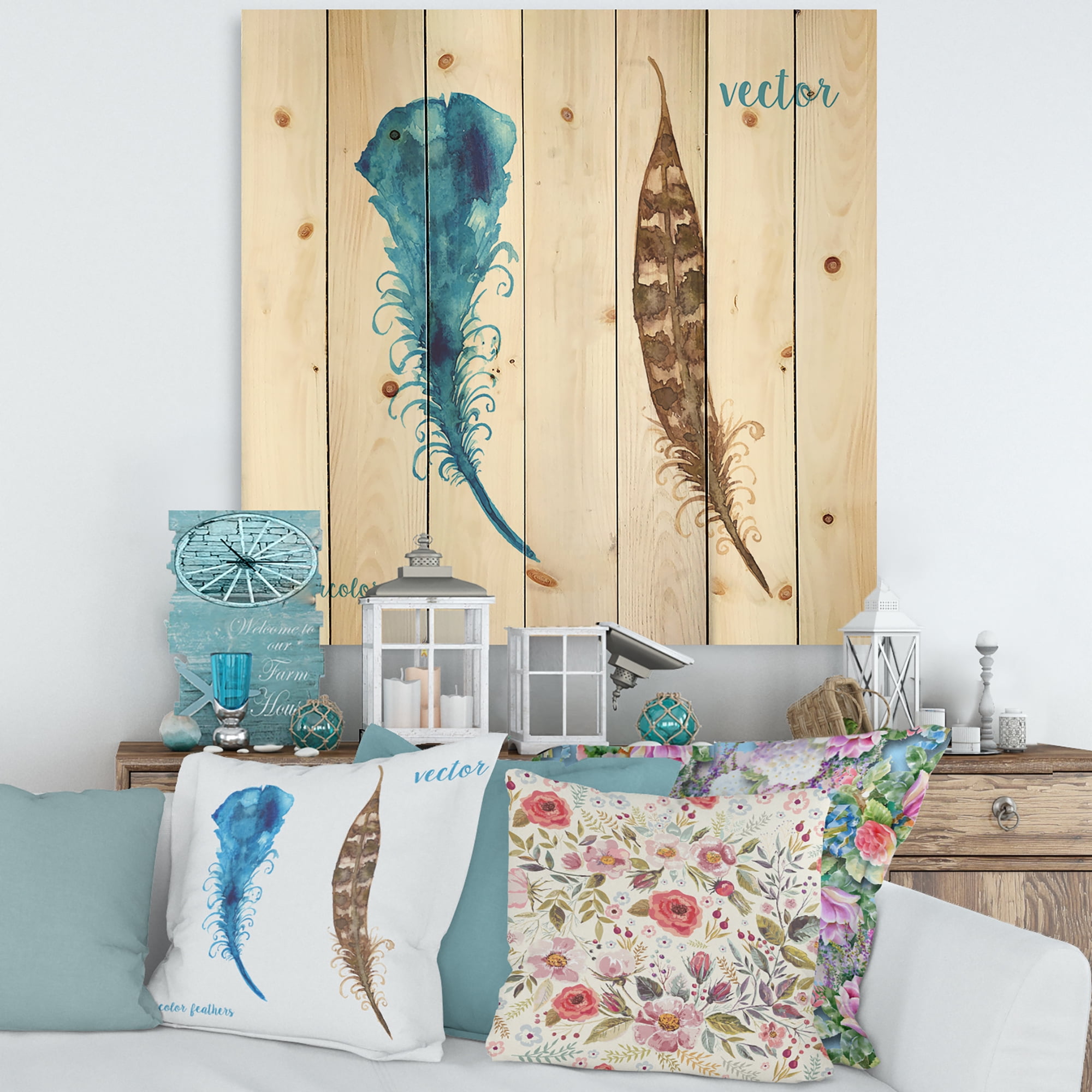 Designart 'Ethnic Boho Watercolor Feathers' Bohemian & Eclectic Print on Natural Pine Wood