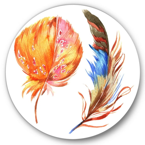 Designart 'Ethnic Brown and Colorful Feather ' Bohemian & Eclectic Circle Metal Wall Art 29x29 - Disc of 29