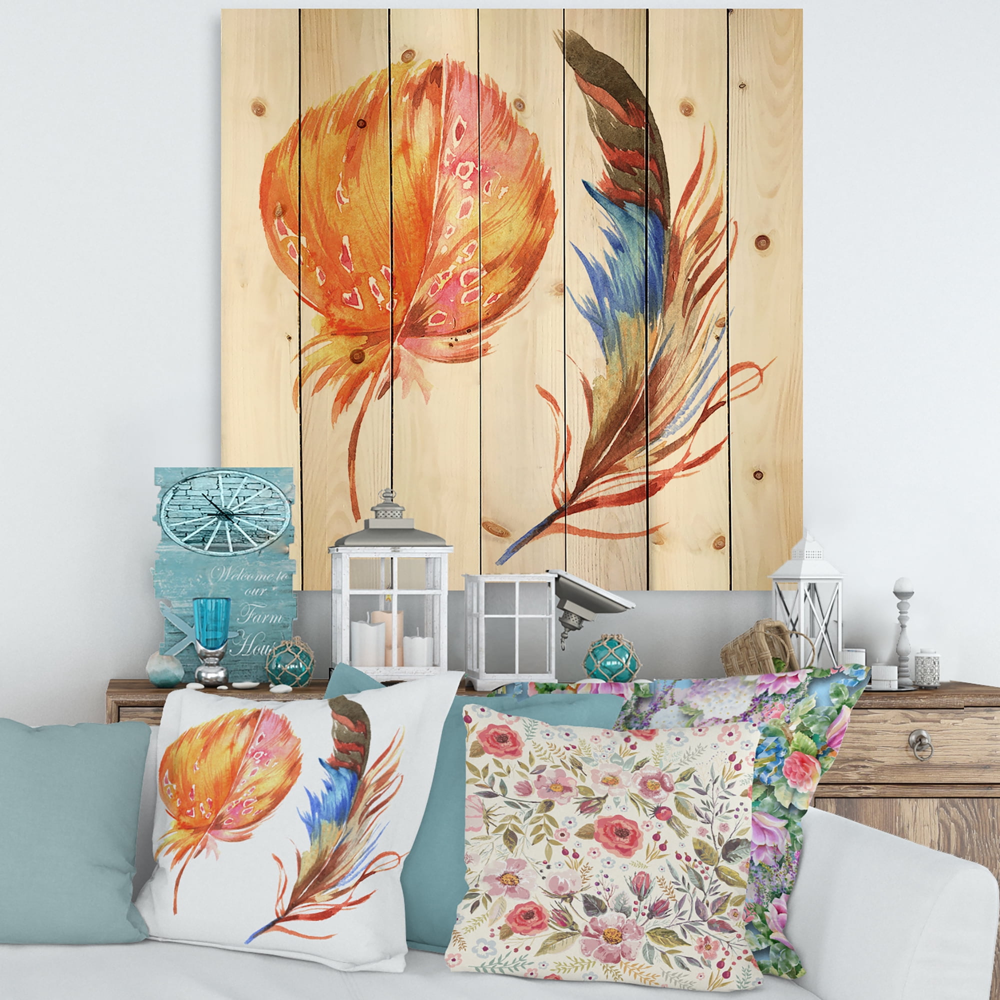 Designart 'Ethnic Brown and Colorful Feather ' Bohemian & Eclectic Print on Natural Pine Wood