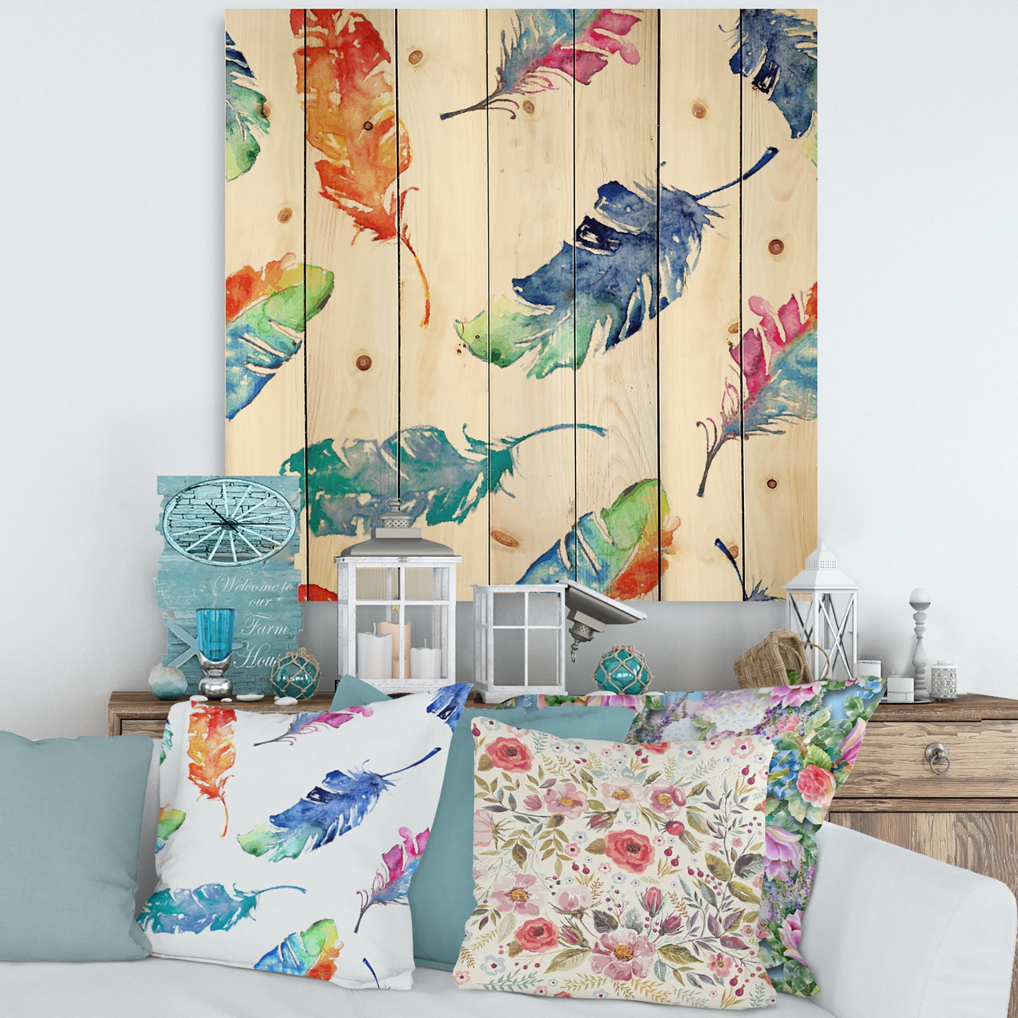Designart 'Ethnic Colorful Feathers' Bohemian & Eclectic Print on Natural Pine Wood