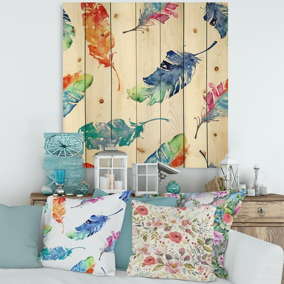 Designart 'Ethnic Colorful Feathers' Bohemian & Eclectic Print on Natural Pine Wood