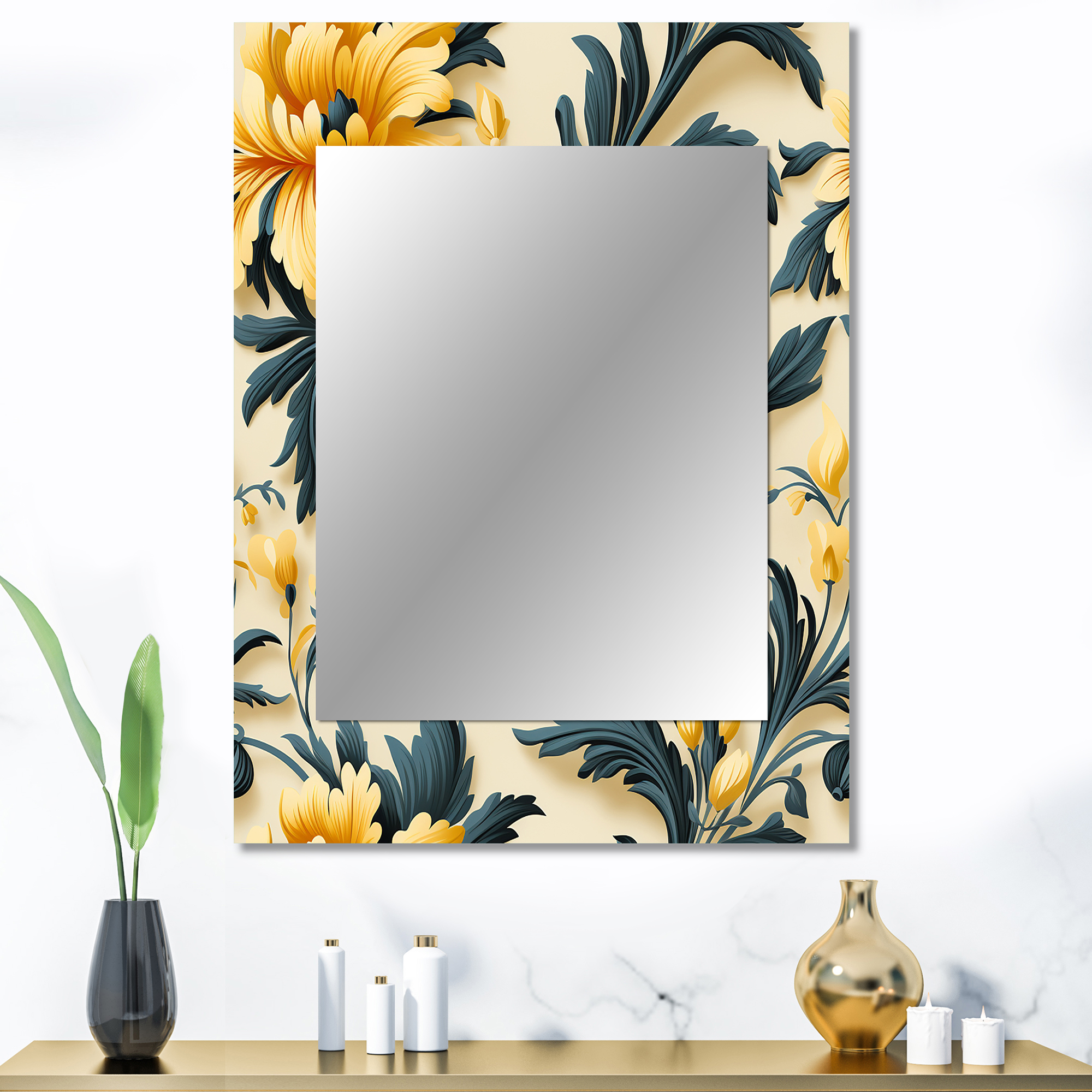 Designart "Ethnic Damask Highlights" Floral Wall Mirror, Printed Yellow