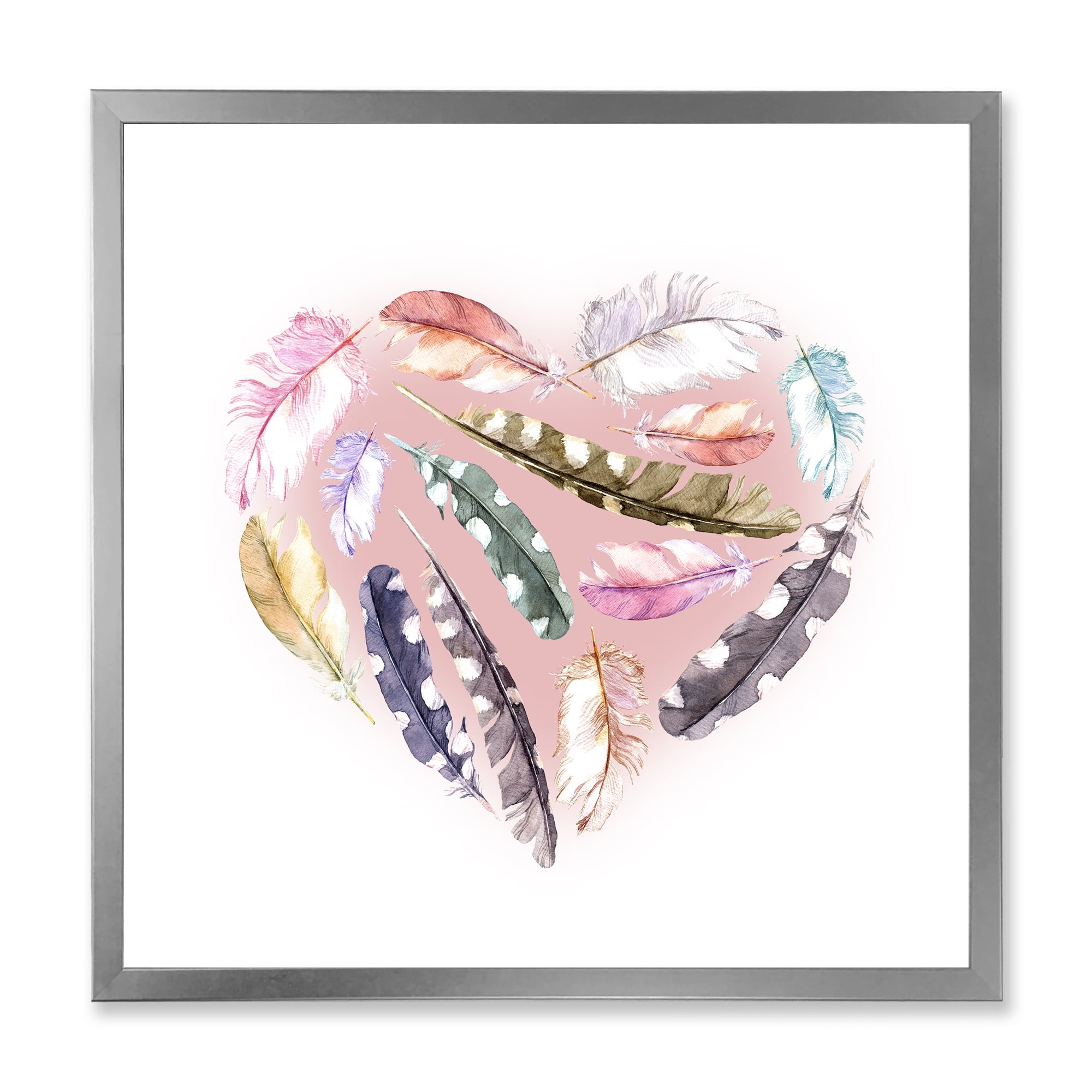 Designart 'Ethnic Feather In Heart Shape' Bohemian & Eclectic Framed Art Print