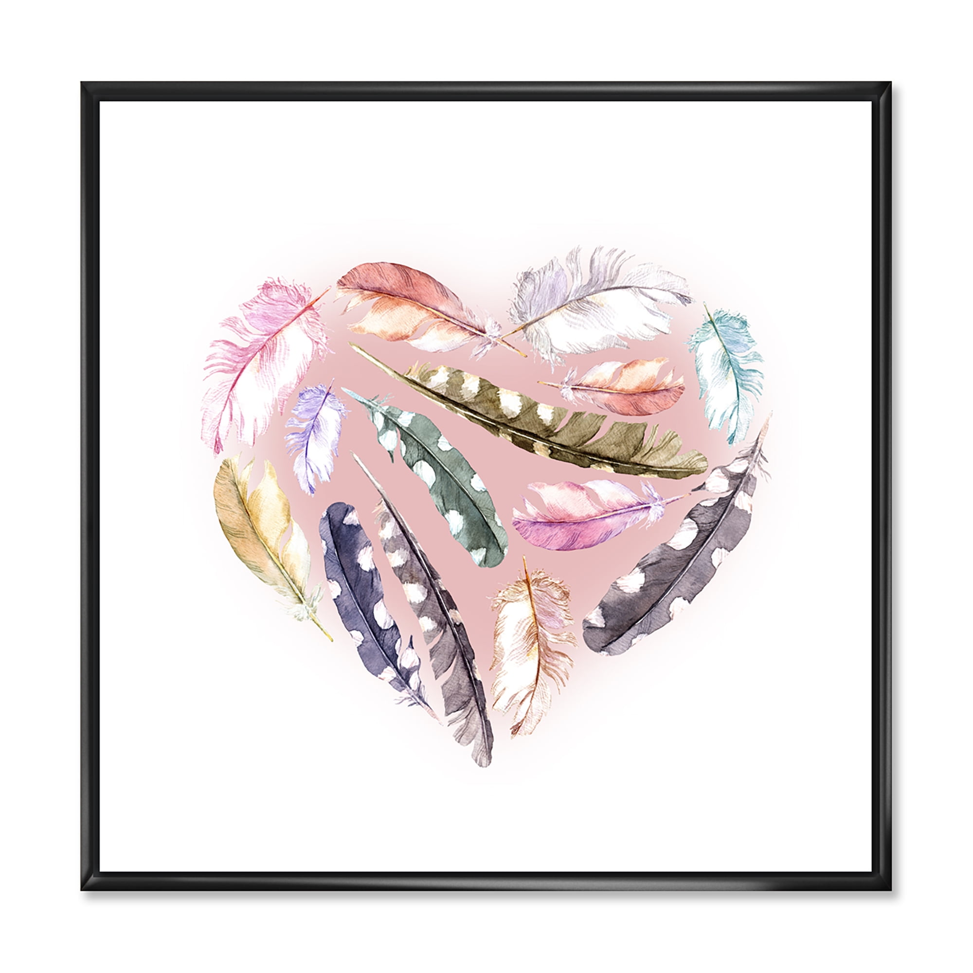 Designart 'Ethnic Feather In Heart Shape' Bohemian & Eclectic Framed Canvas Wall Art Print