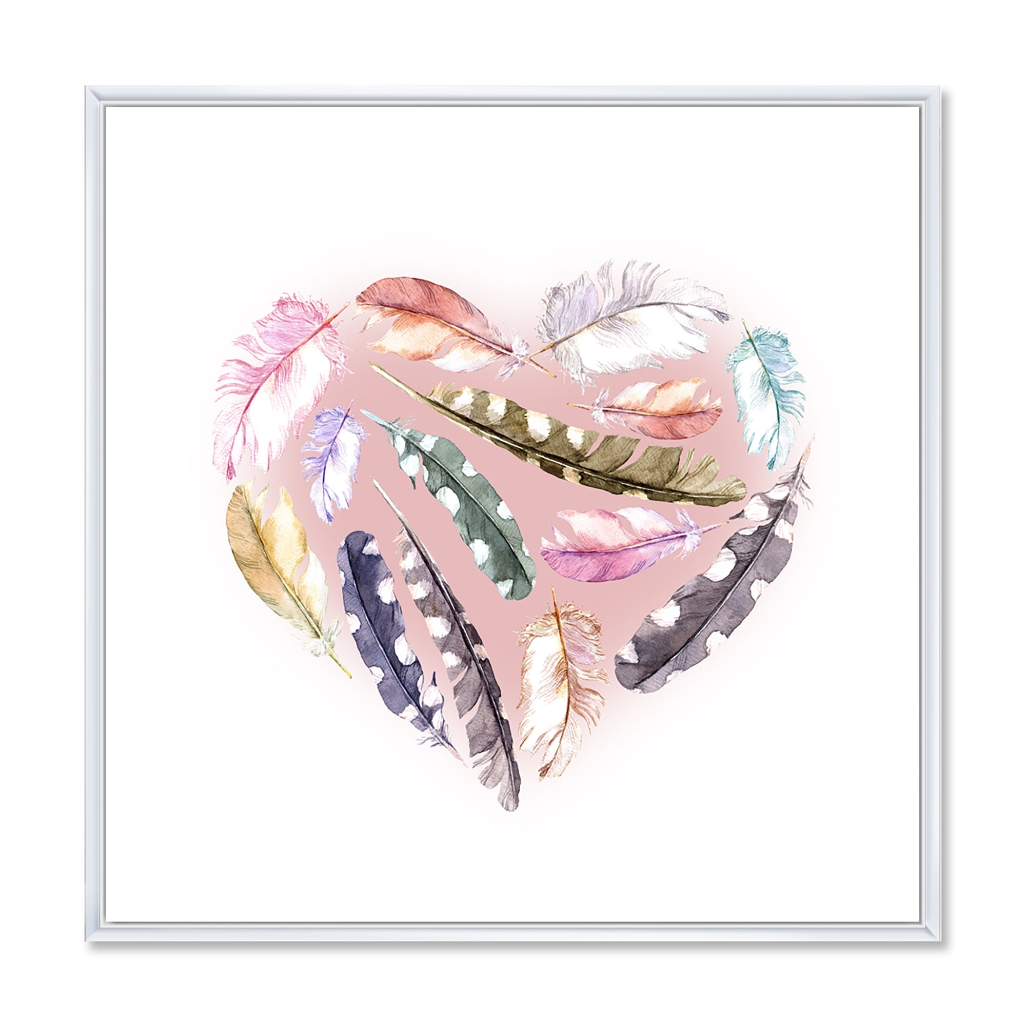 Designart 'Ethnic Feather In Heart Shape' Bohemian & Eclectic Framed Canvas Wall Art Print