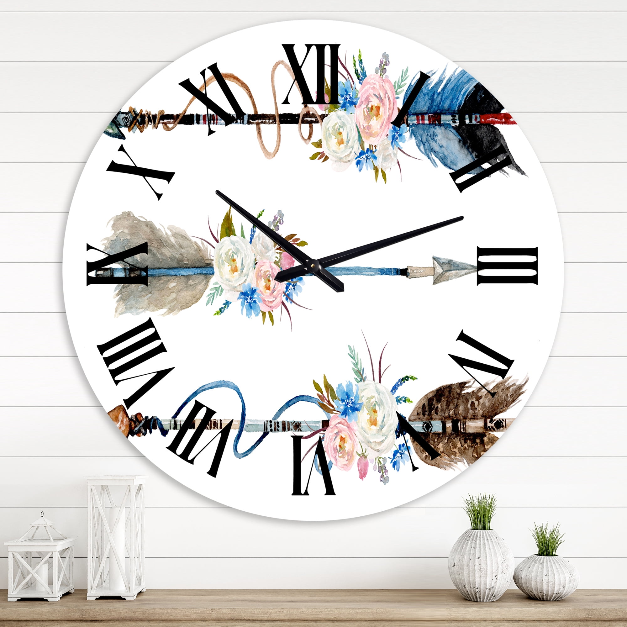 Designart 'Ethnic Feathers And Flowers On Native Arrows I' Bohemian & Eclectic Wall Clock