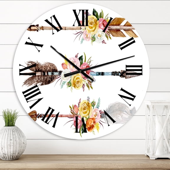 Designart 'Ethnic Feathers And Flowers On Native Arrows Ii' Bohemian & Eclectic Wall Clock