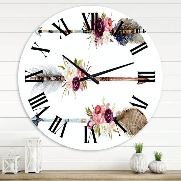 Designart 'Ethnic Feathers And Flowers On Native Arrows Iii' Bohemian & Eclectic Wall Clock