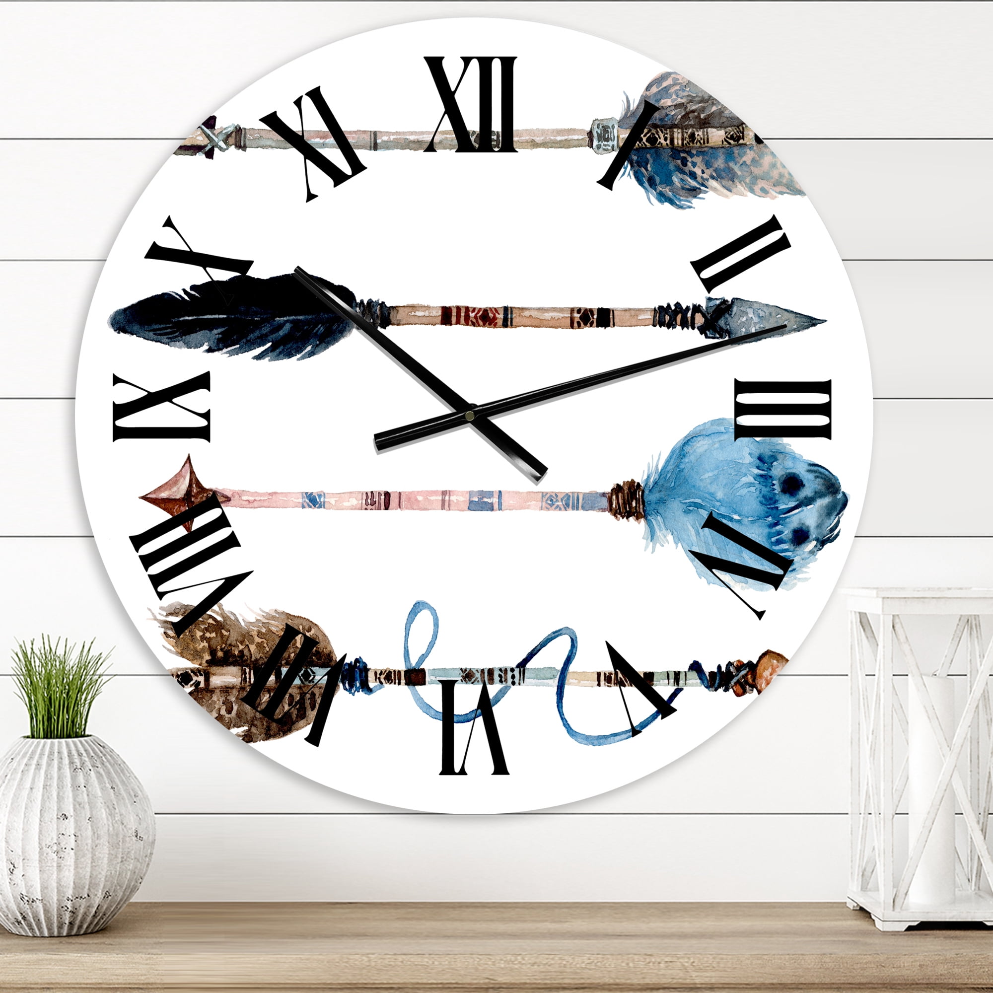 Designart 'Ethnic Feathers And Flowers On Native Arrows Iv' Bohemian & Eclectic Wall Clock