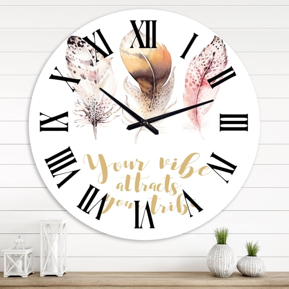 Designart 'Ethnic Feathers Your Vibe Attracts Your Tribe I' Bohemian & Eclectic Wall Clock