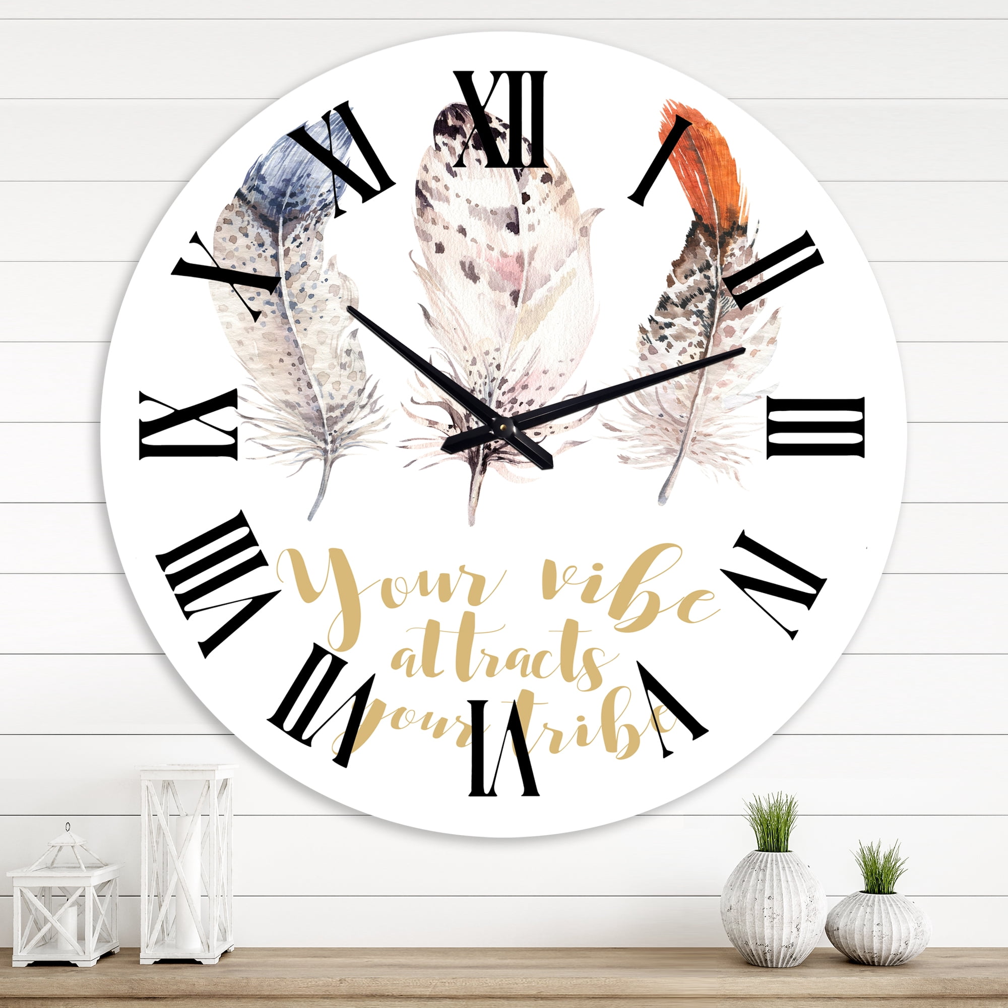 Designart 'Ethnic Feathers Your Vibe Attracts Your Tribe Ii' Bohemian & Eclectic Wall Clock
