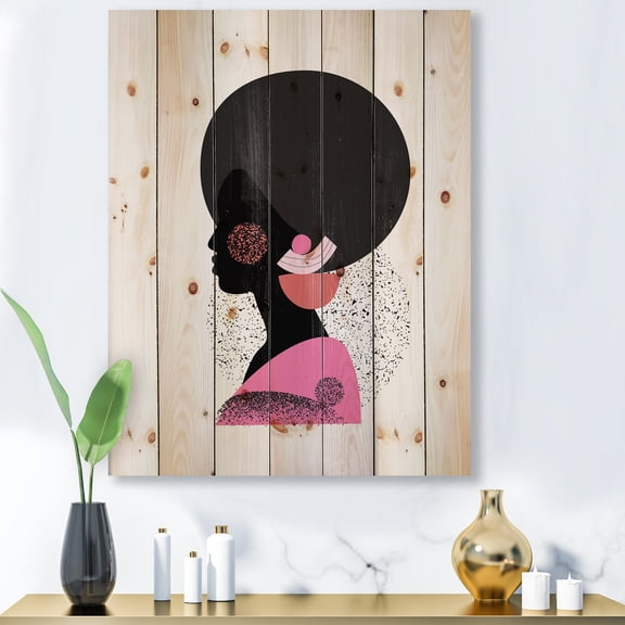 Designart 'Ethnic Geometric Silhouette of African American I' Modern Print on Natural Pine Wood