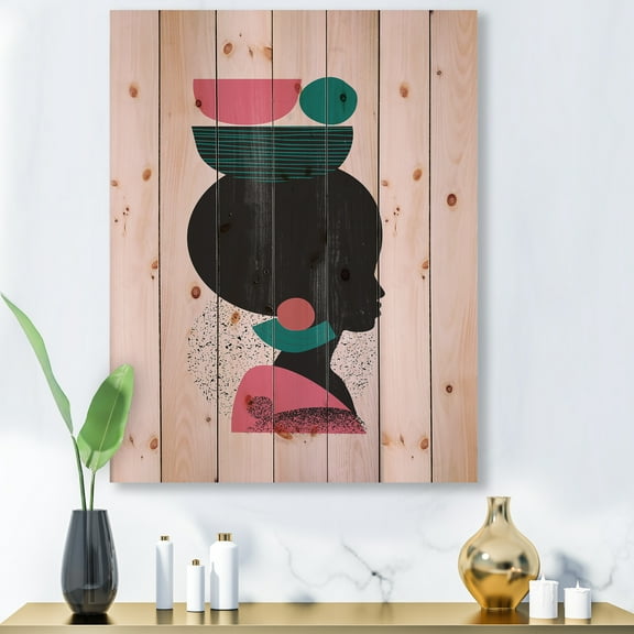 Designart 'Ethnic Geometric Silhouette of African American II' Modern Print on Natural Pine Wood