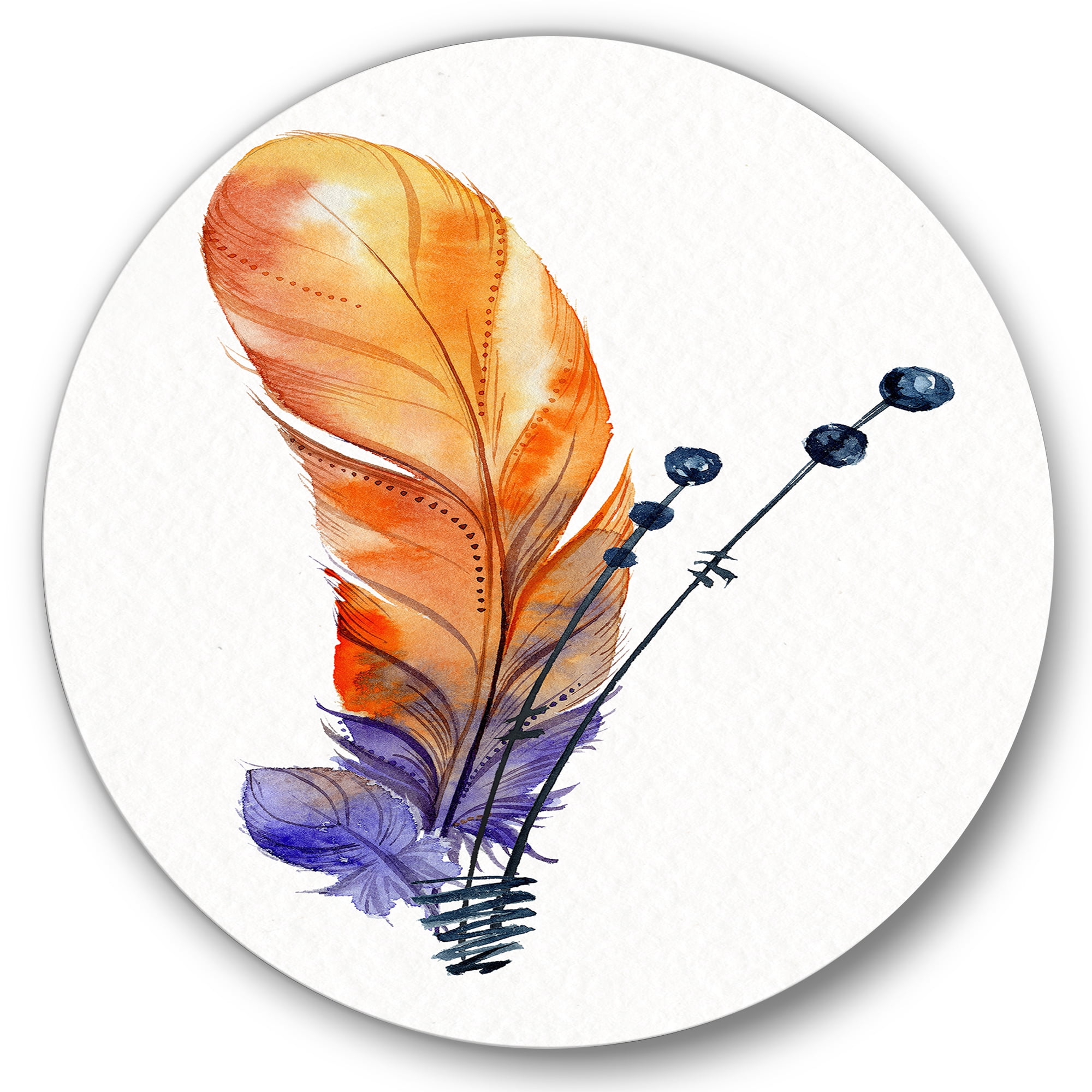 Designart 'Ethnic Orange Animal Feather Composition' Bohemian & Eclectic Circle Metal Wall Art 36x36 - Disc of 36