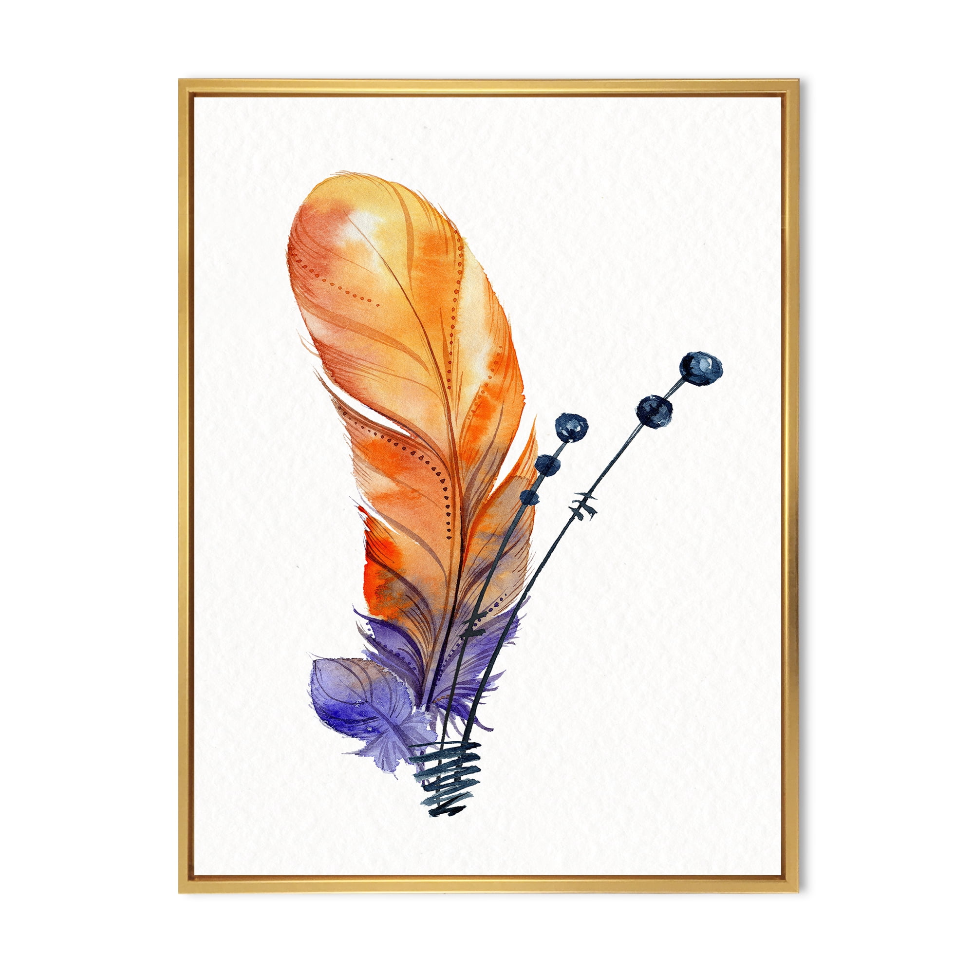Designart 'Ethnic Orange Animal Feather Composition' Bohemian & Eclectic Framed Canvas Wall Art Print