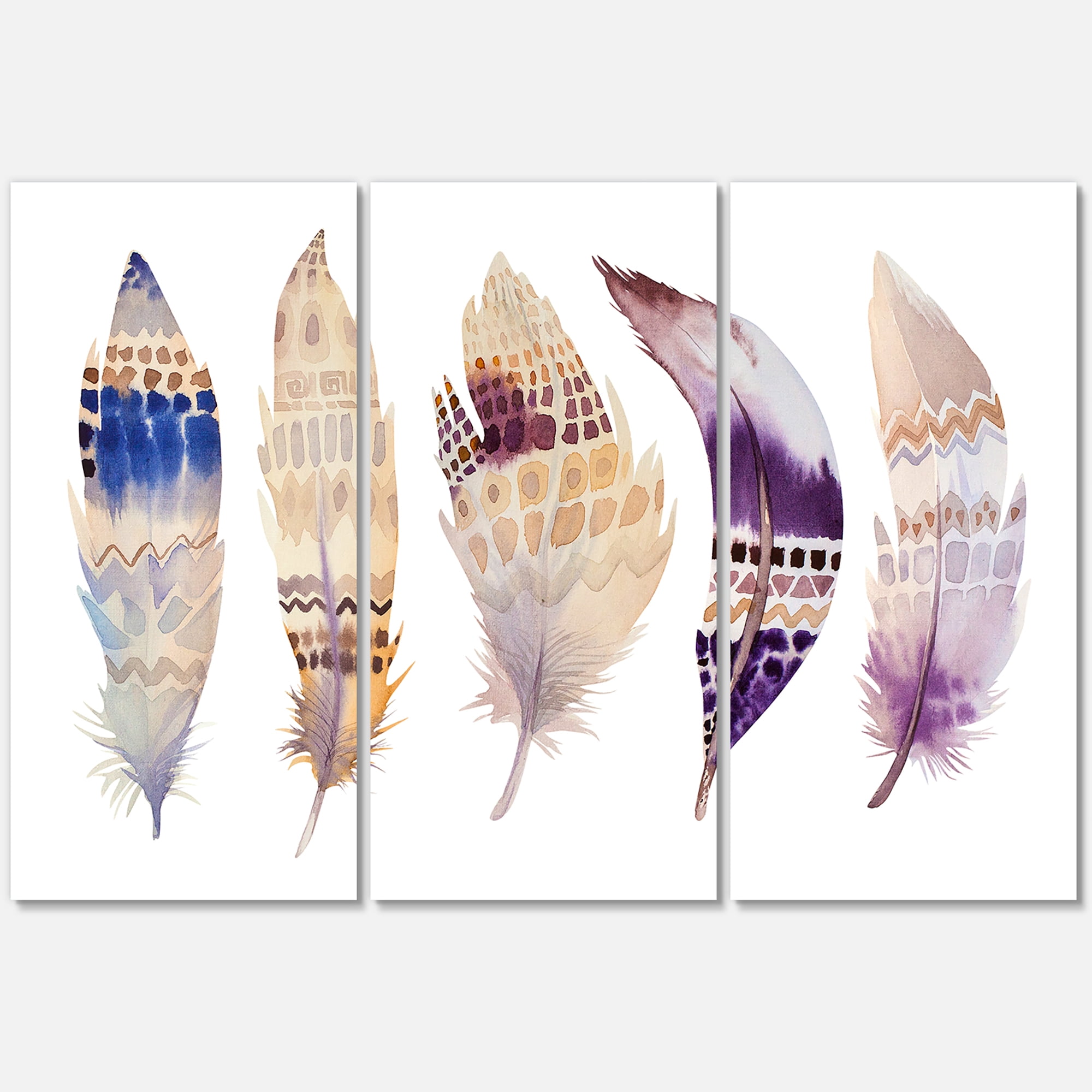 Designart ' Ethnic Purple Boho Art Feathers ' Bohemian & Eclectic Canvas Wall Art Print