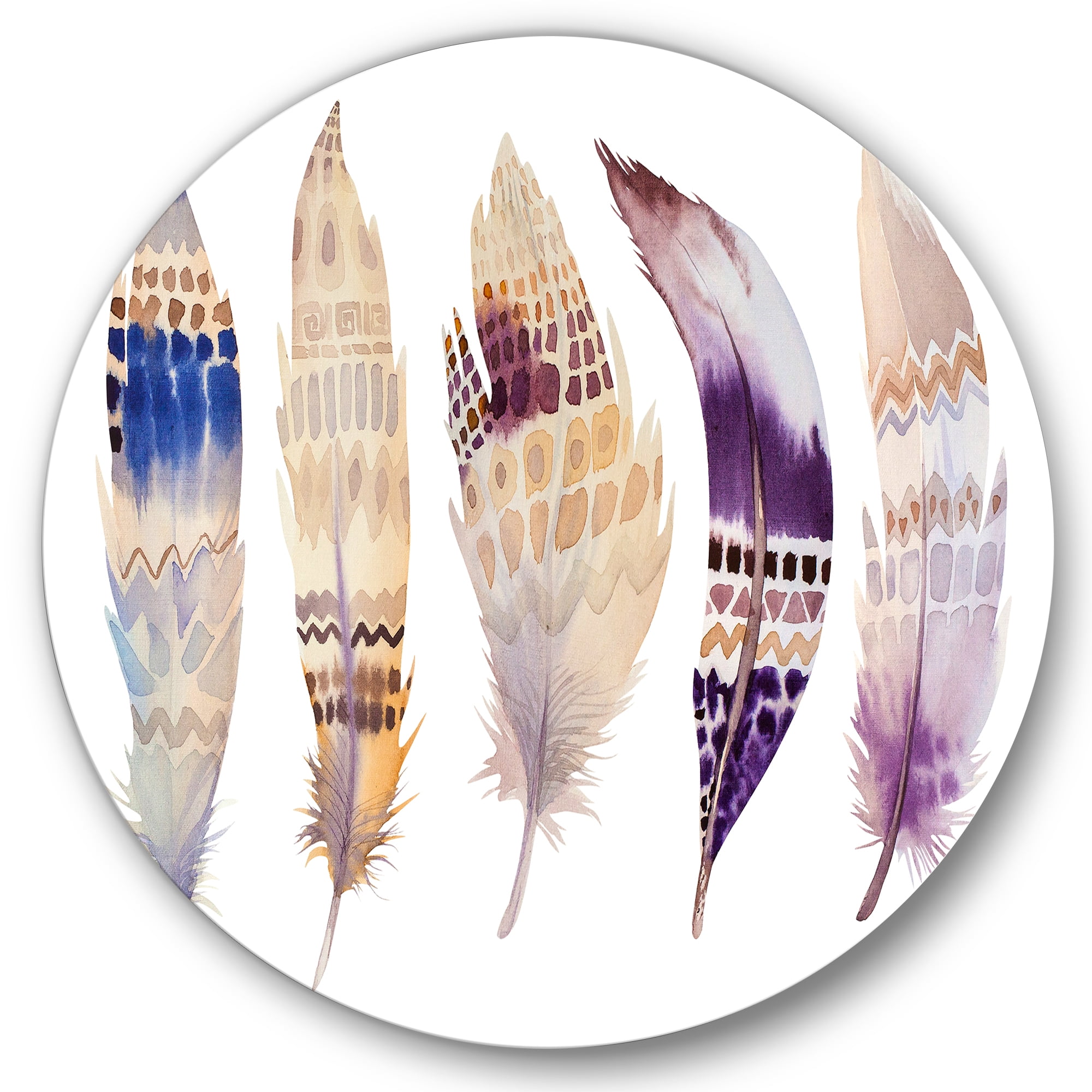 Designart 'Ethnic Purple Boho Art Feathers' Bohemian & Eclectic Circle Metal Wall Art 23x23 - Disc of 23