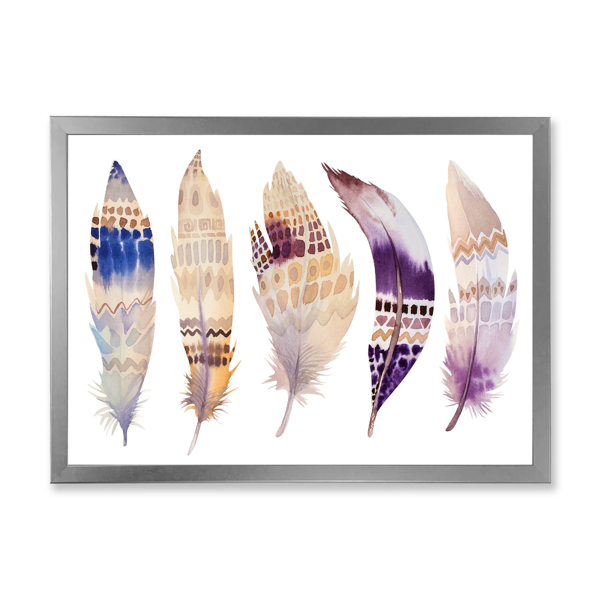Designart 'Ethnic Purple Boho Art Feathers' Bohemian & Eclectic Framed Art Print