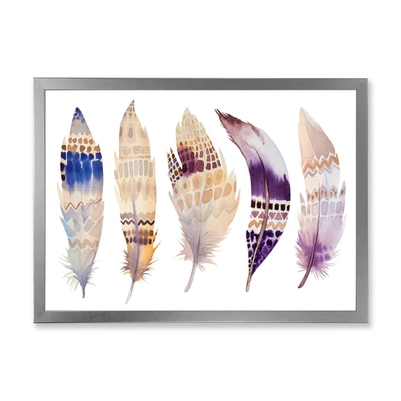 Designart 'Ethnic Purple Boho Art Feathers' Bohemian & Eclectic Framed Art Print