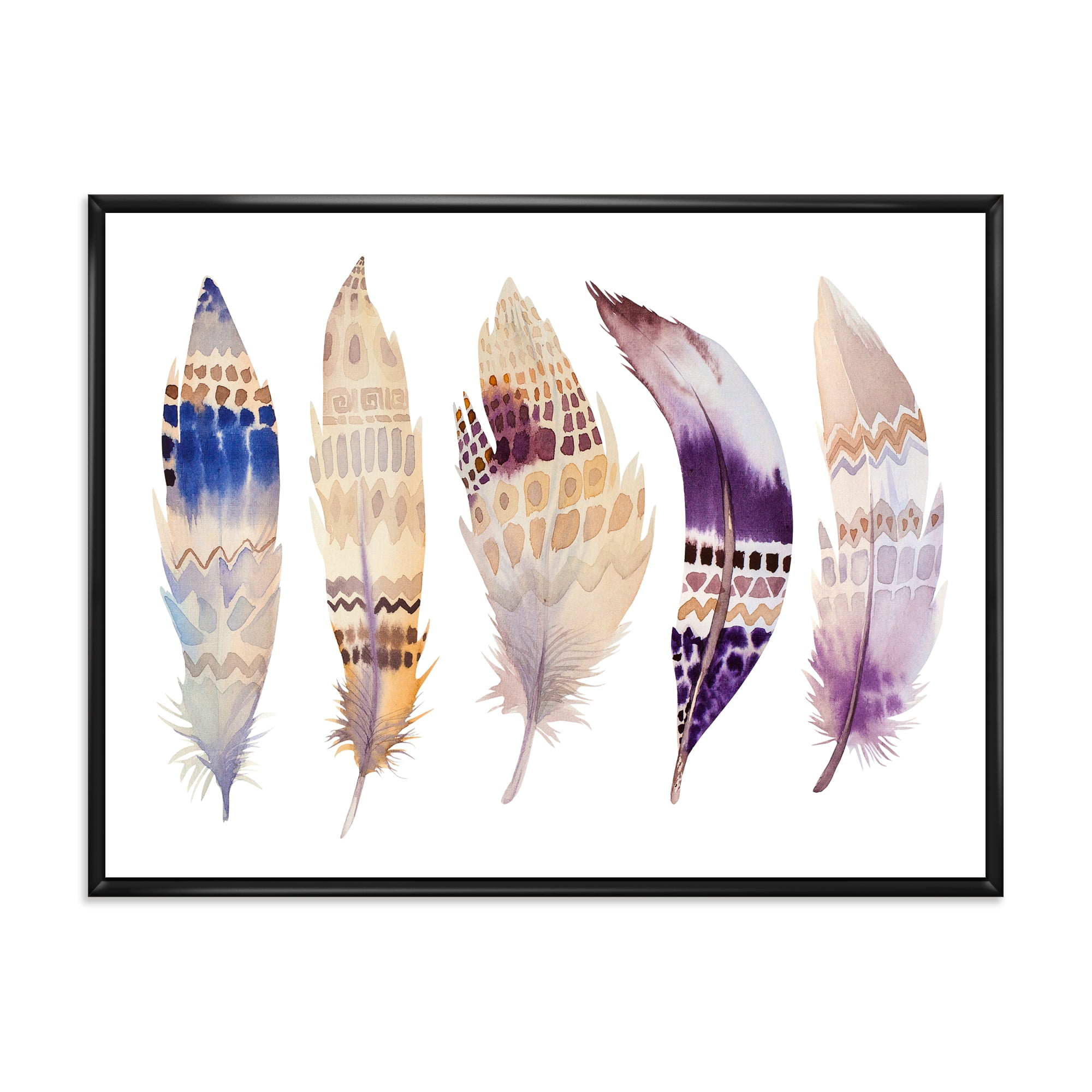 Designart 'Ethnic Purple Boho Art Feathers' Bohemian & Eclectic Framed Canvas Wall Art Print