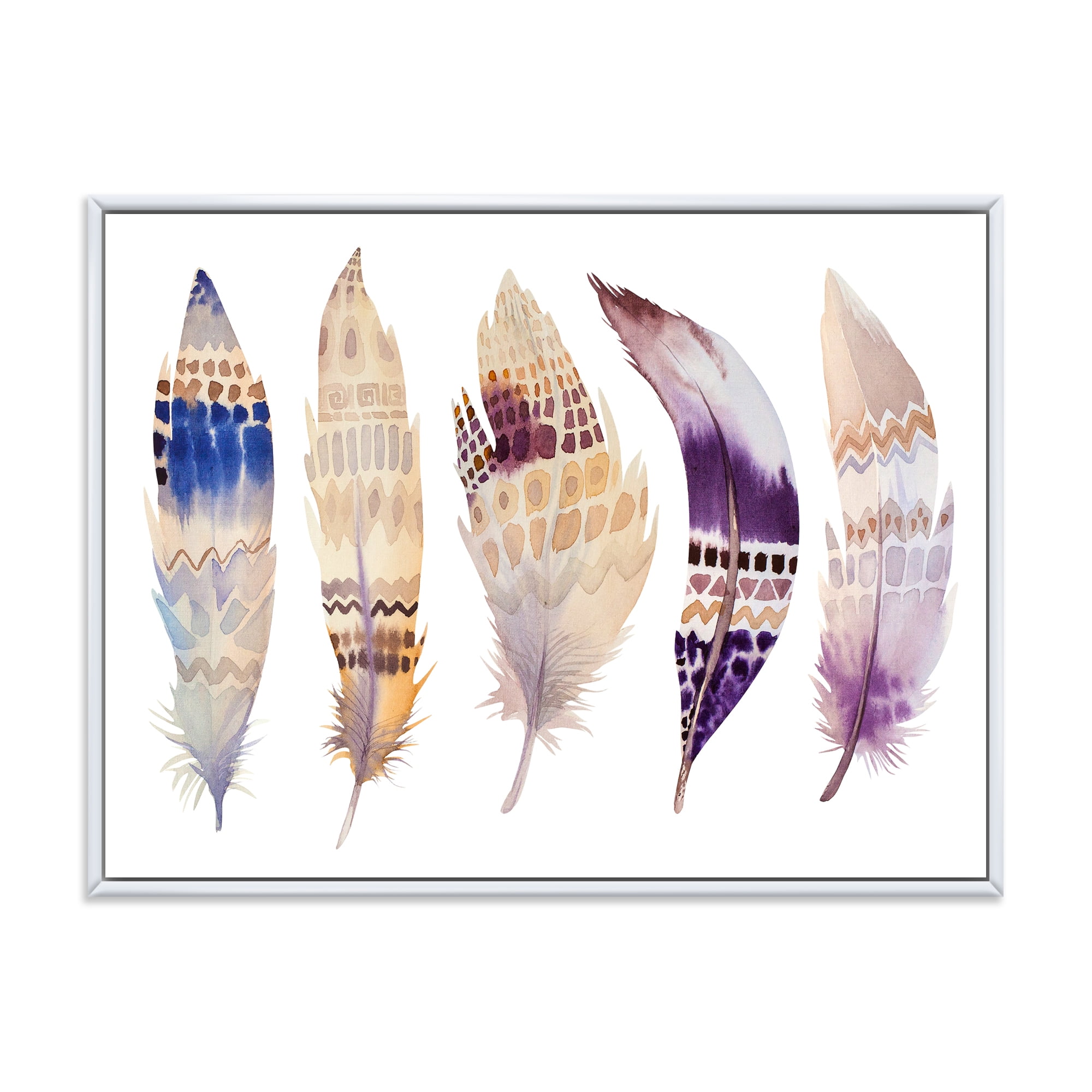 Designart 'Ethnic Purple Boho Art Feathers' Bohemian & Eclectic Framed Canvas Wall Art Print