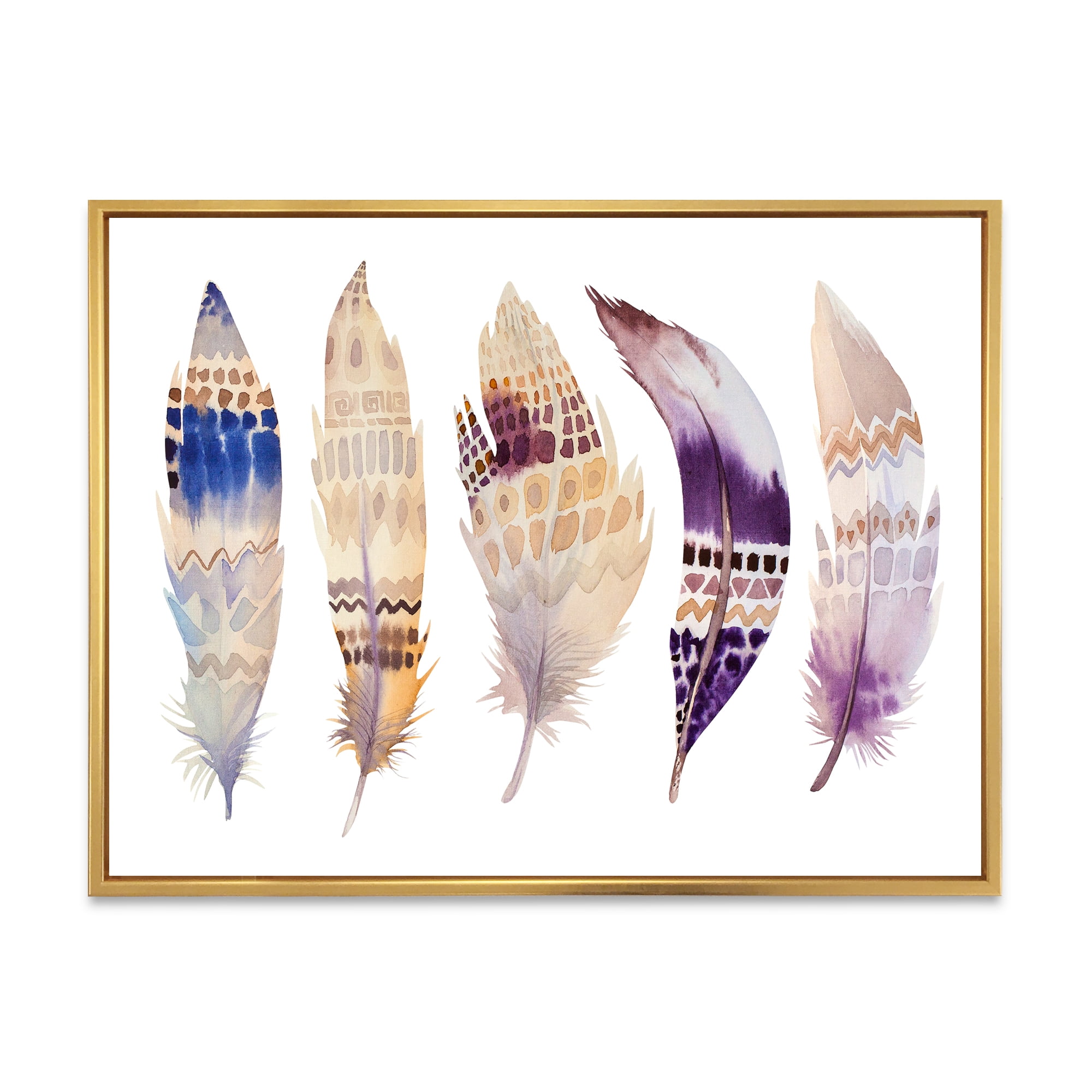 Designart 'Ethnic Purple Boho Art Feathers' Bohemian & Eclectic Framed Canvas Wall Art Print