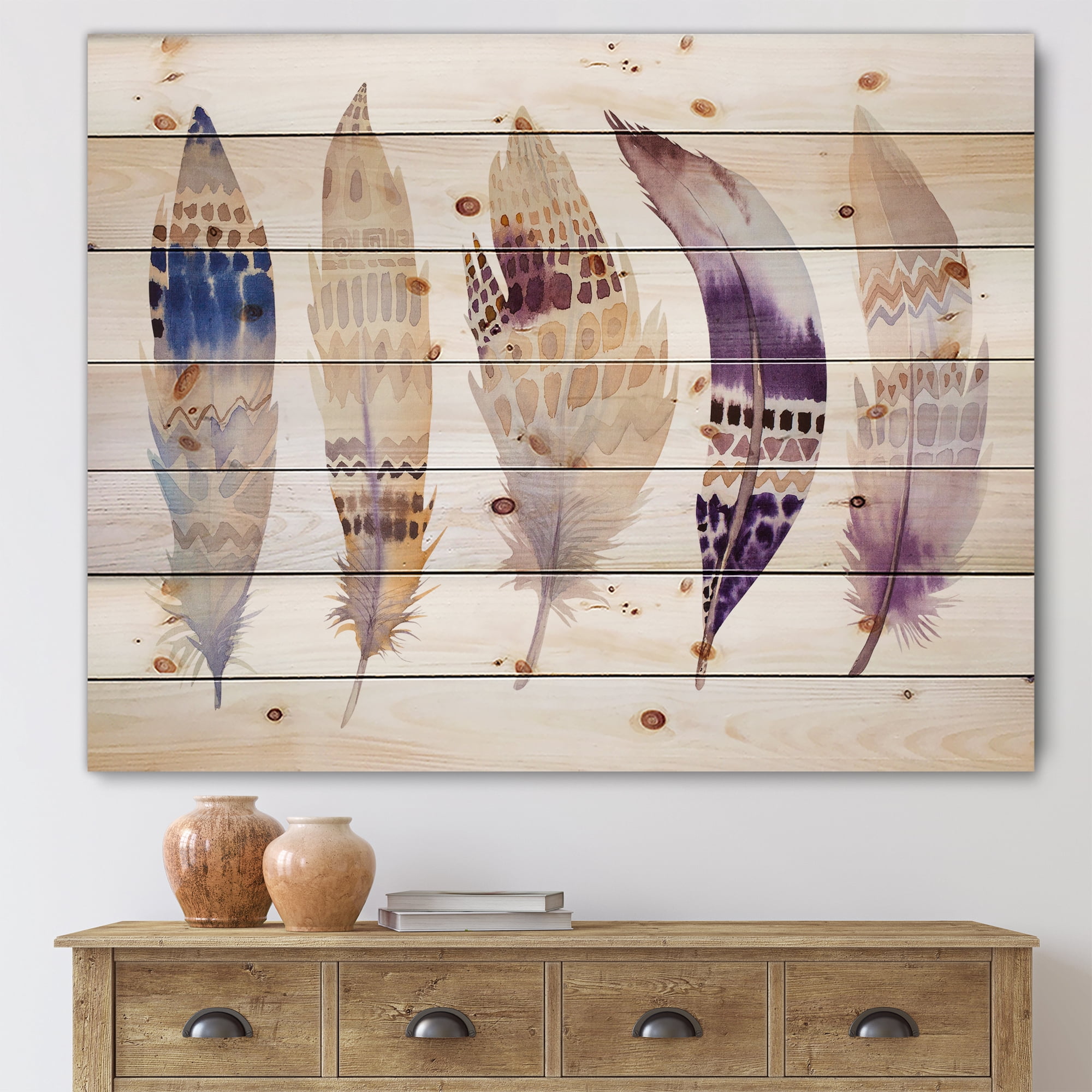 Designart 'Ethnic Purple Boho Art Feathers' Bohemian & Eclectic Print on Natural Pine Wood