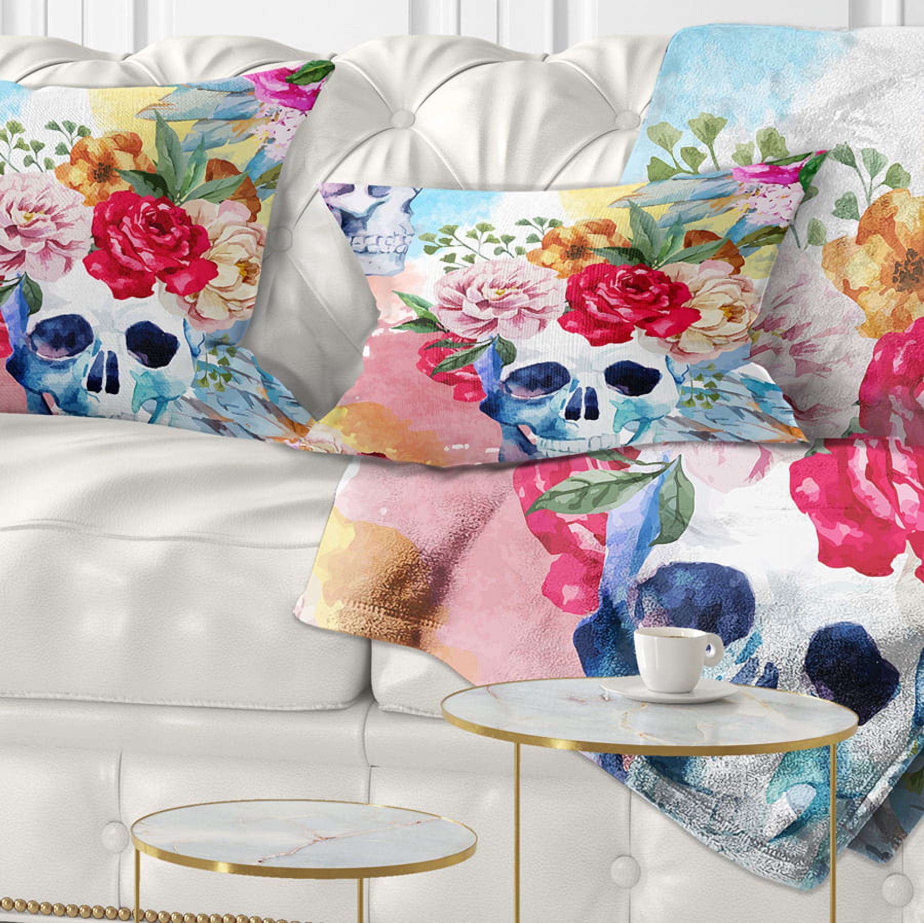 Designart Ethnic Skull with Flowers - Floral Throw Pillow - 12x20