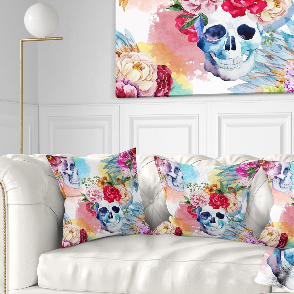 Designart Ethnic Skull with Flowers - Floral Throw Pillow - 16x16