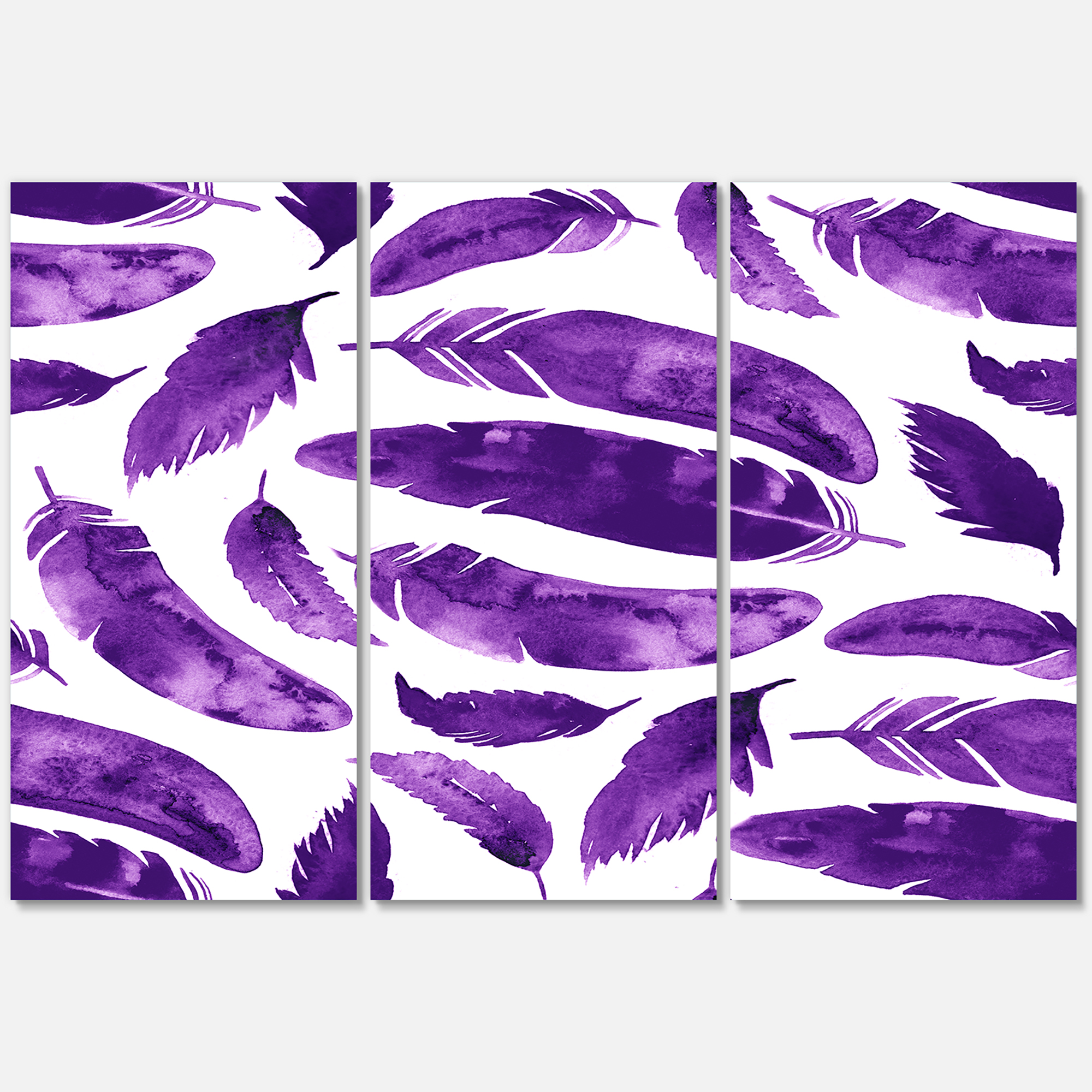 Designart ' Ethnic VIolet Feathers On White ' Bohemian & Eclectic Canvas Wall Art Print