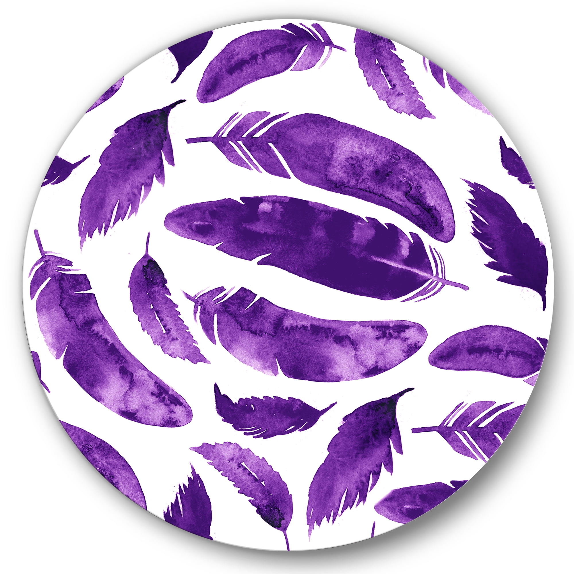 Designart 'Ethnic VIolet Feathers On White' Bohemian & Eclectic Circle Metal Wall Art 29x29 - Disc of 29